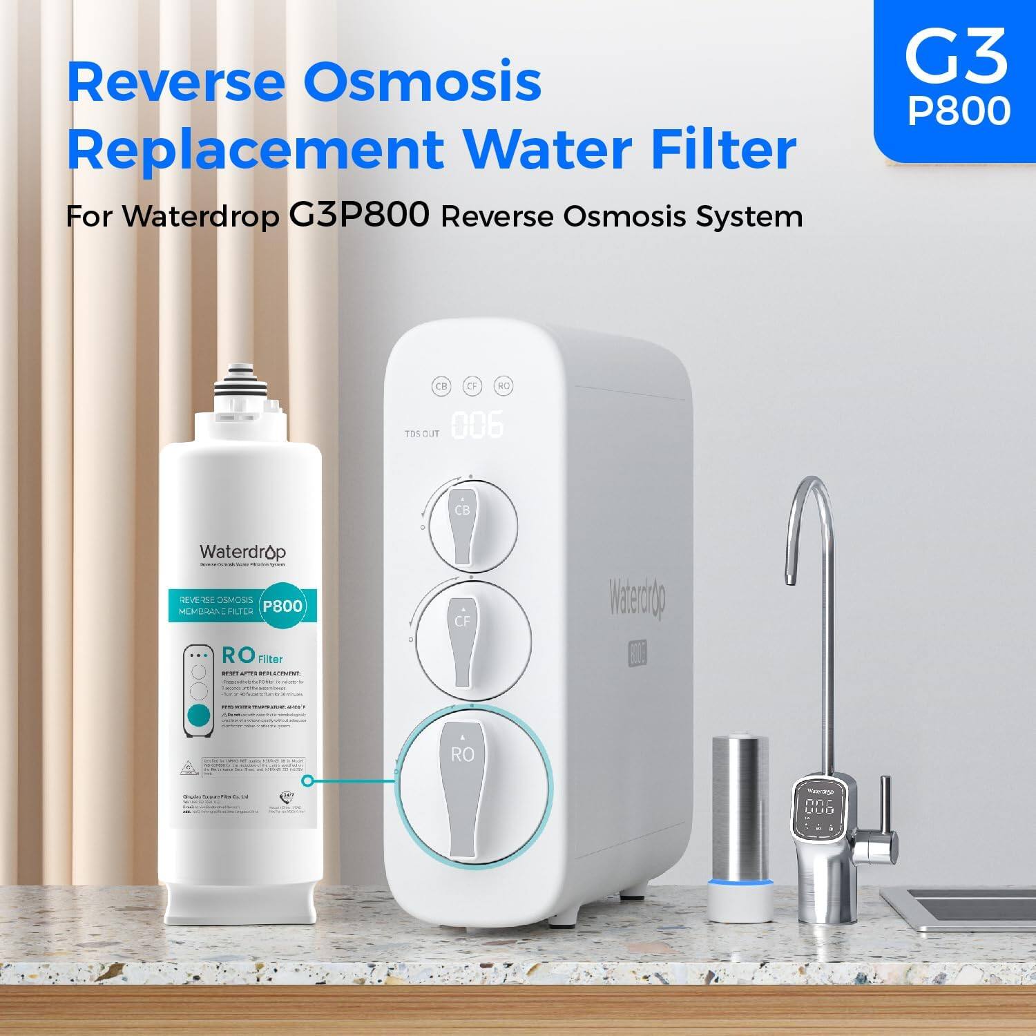 Reverse Osmosis Replacement Water Filter for Waterdrop G3P800 Reverse Osmosis System.