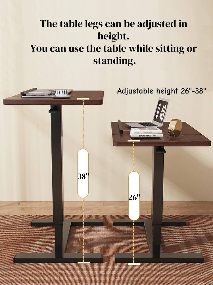The table legs can be adjusted in height. You can use the table while sitting or standing.

Adjustable height 26"-38"