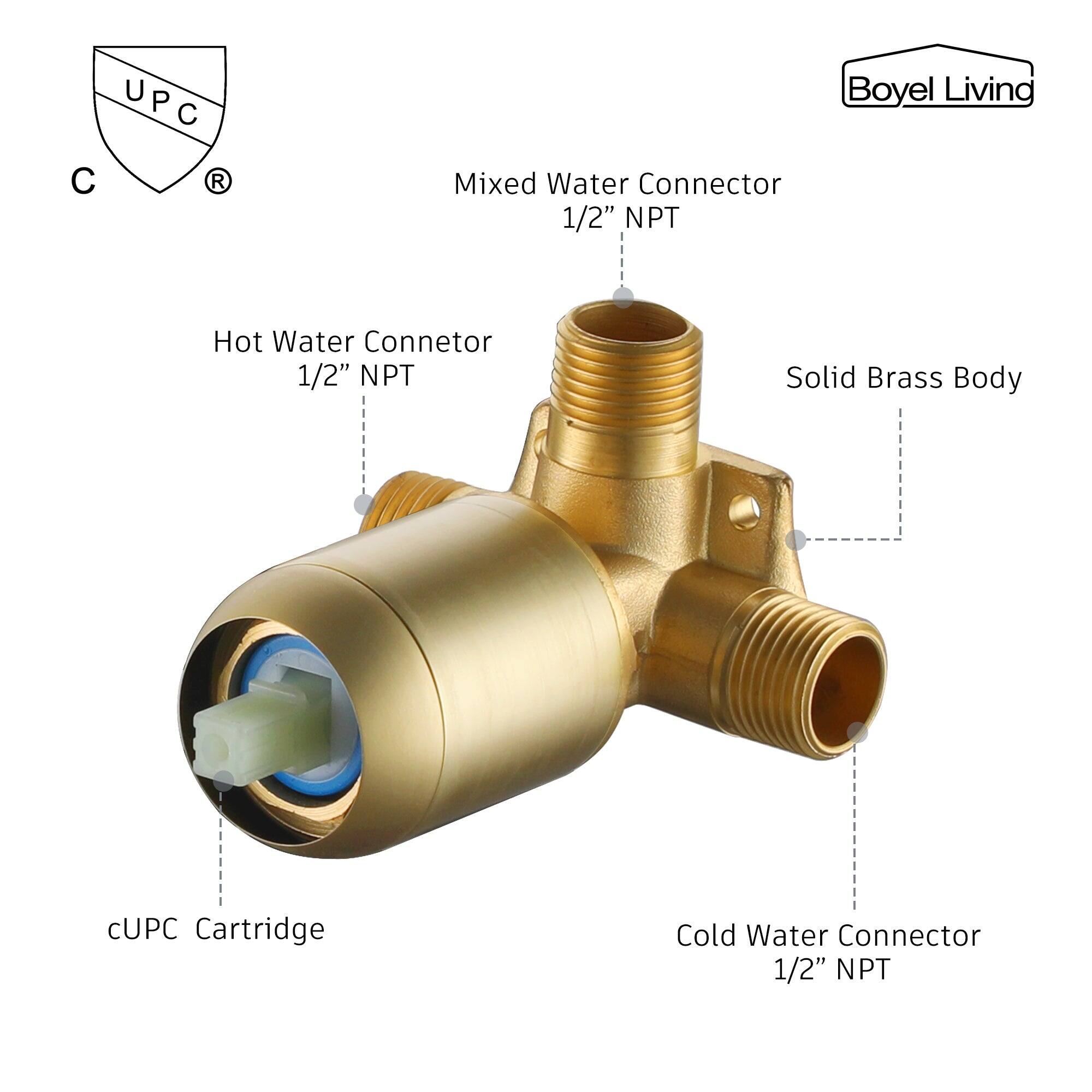 UPC U C  R
Mixed Water Connector 1/2" NPT
Hot Water Connector 1/2" NPT
Solid Brass Body
cUPC Cartridge
Cold Water Connector 1/2" NPT
Boyel Living