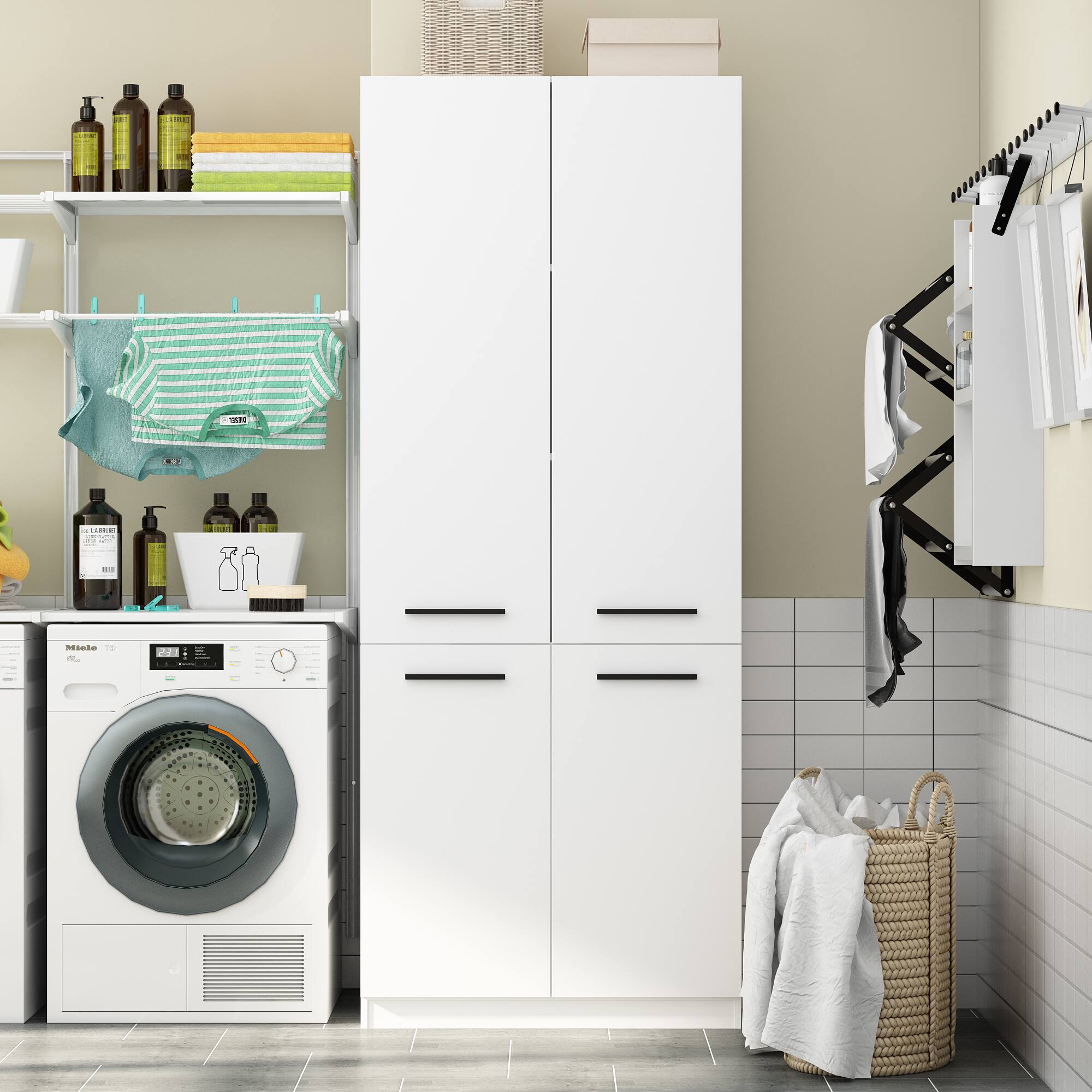 Alt View 6. FUFU & GAGA - Bathroom Storage Cabinet with Hidden Laundry Baskets – 78.7" Organizer Unit, Fixed Shelves, Flip‑Out Metal Hampers - White.