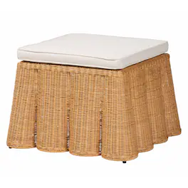 bali & pari - Palm Bohemian Scallop Rattan Ottoman - Honey