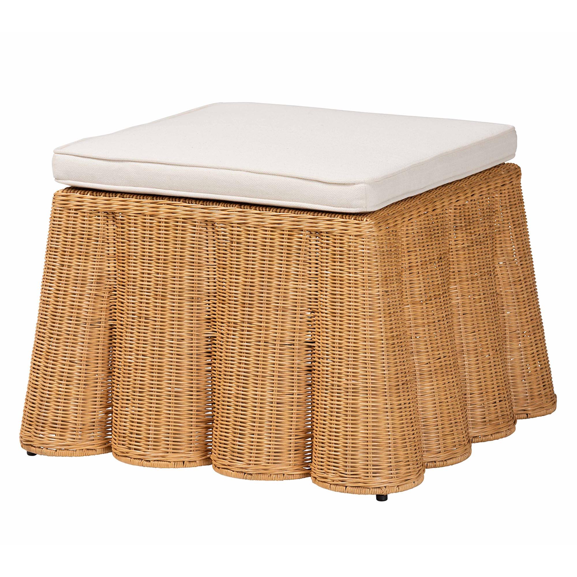 Front. bali & pari - Palm Bohemian Scallop Rattan Ottoman - Honey.