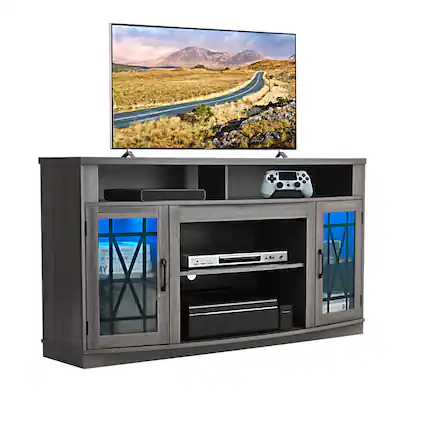 Front. VEVOR - TV Stand for TVs up to 65 inch, Farmhouse Entertainment Center with Light Strip, Wooden TV Cabinet Storage - Gray.