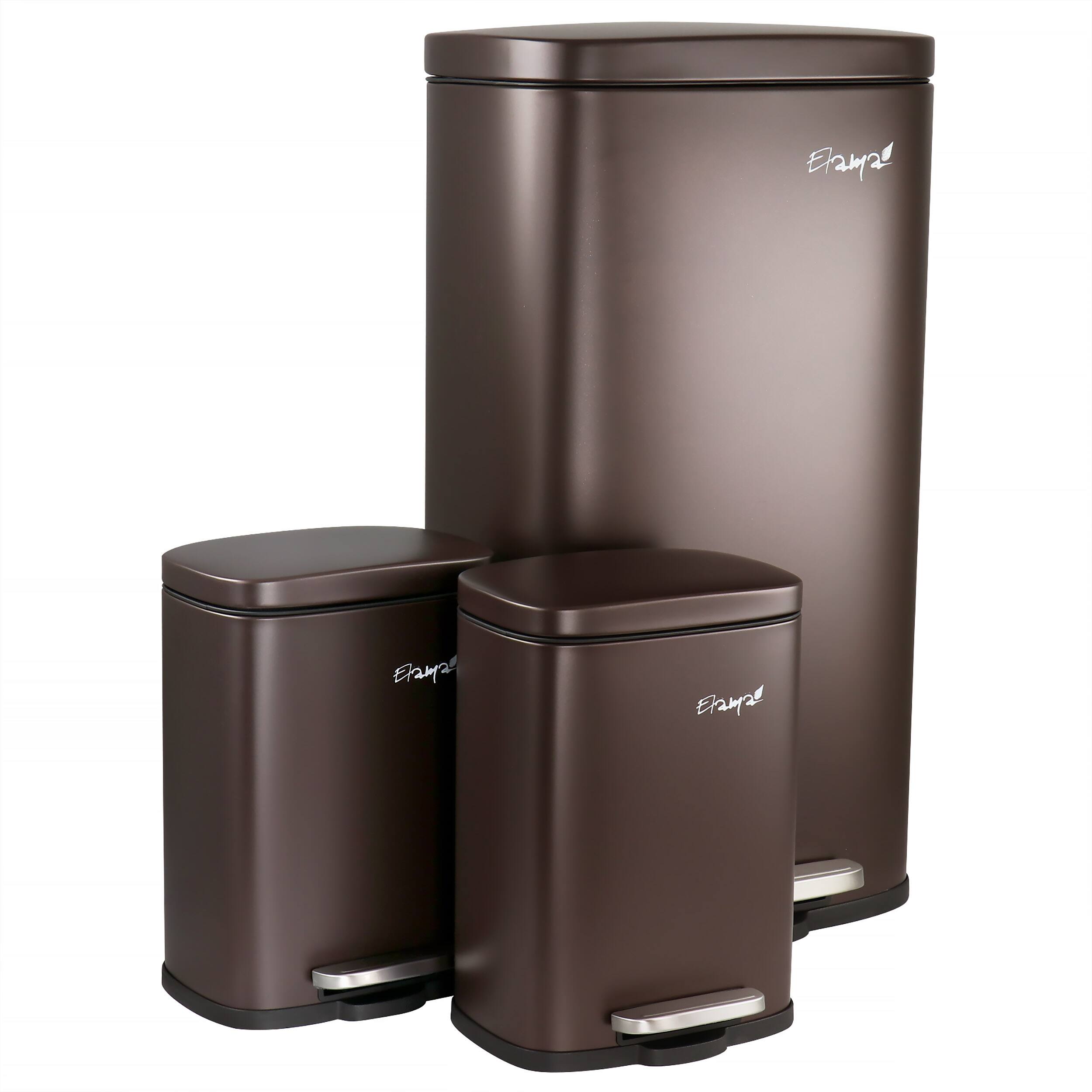 Elama - 3 Piece 8 Gallon and 1.3 Gallon Stainless Steel Step Trash Bin Combo Set with Slow Close Mechanism in Matte - Bronze