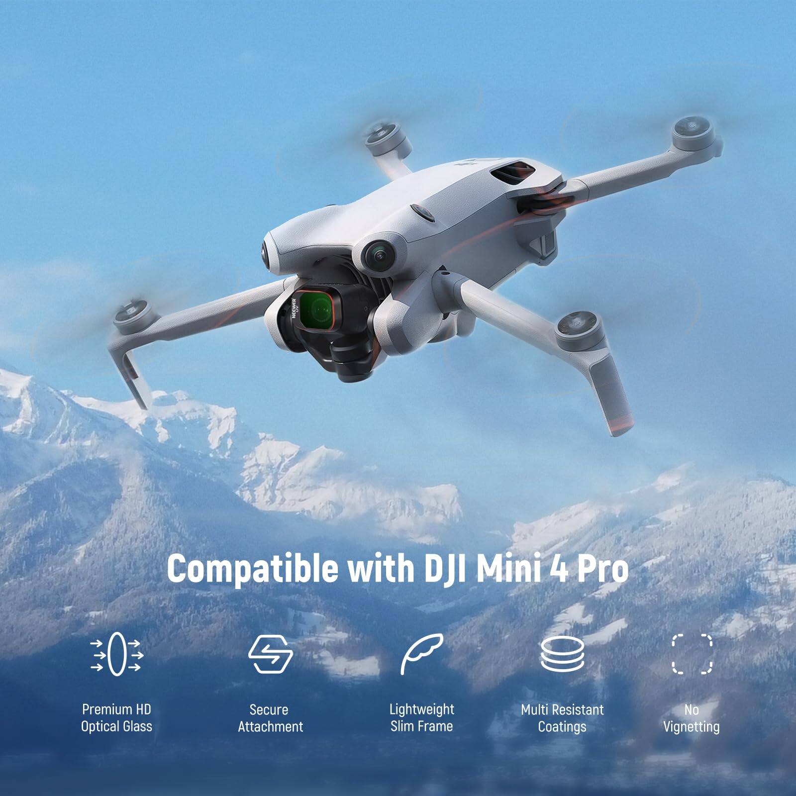 Compatible with DJI Mini 4 Pro  
Premium HD Optical Glass  
Secure Attachment  
Lightweight Slim Frame  
Multi Resistant Coatings  
No Vignetting