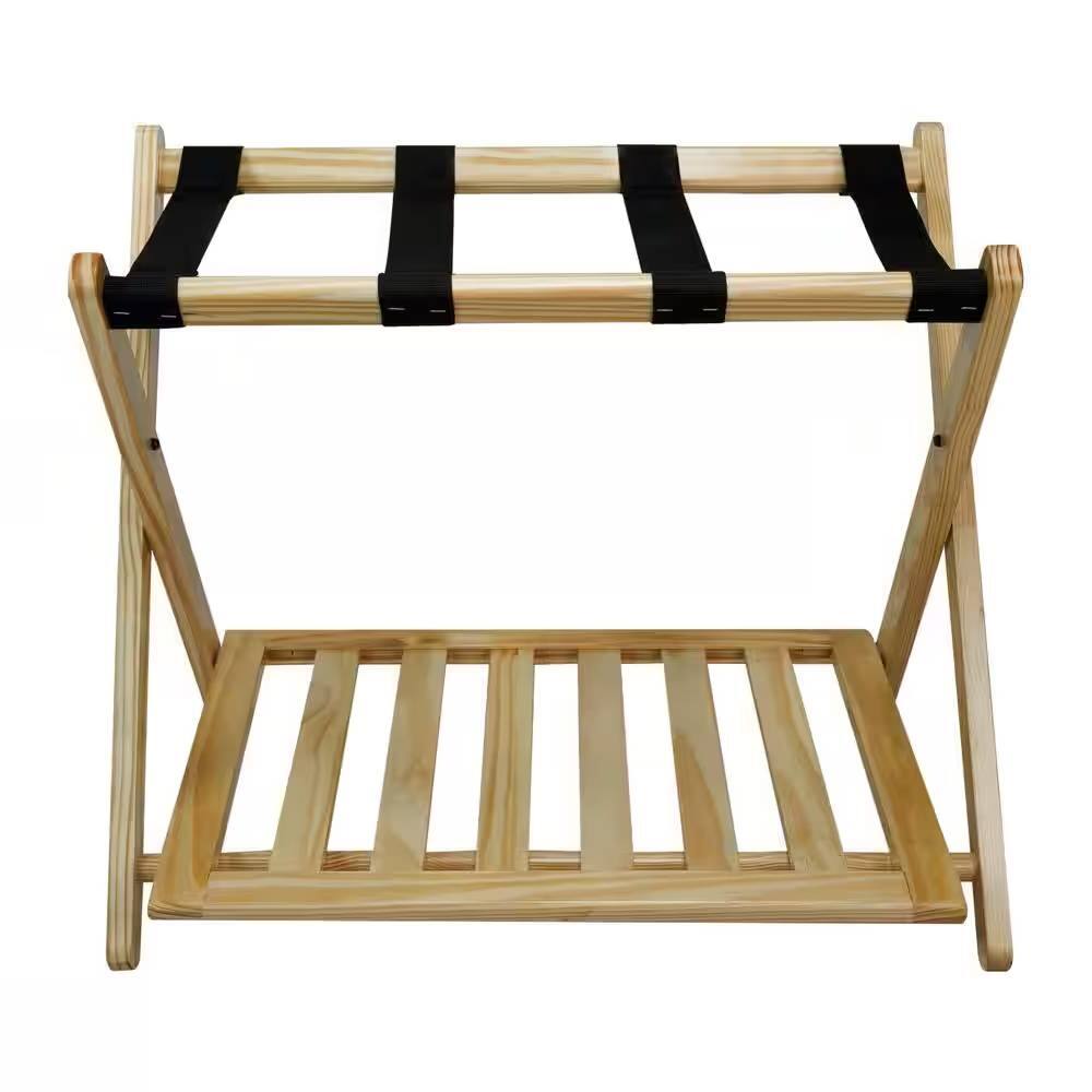 Back. Hivvago - Solid Wood Luggage Rack with Bottom Storage Shelf in Natural with Black Straps - Natural.