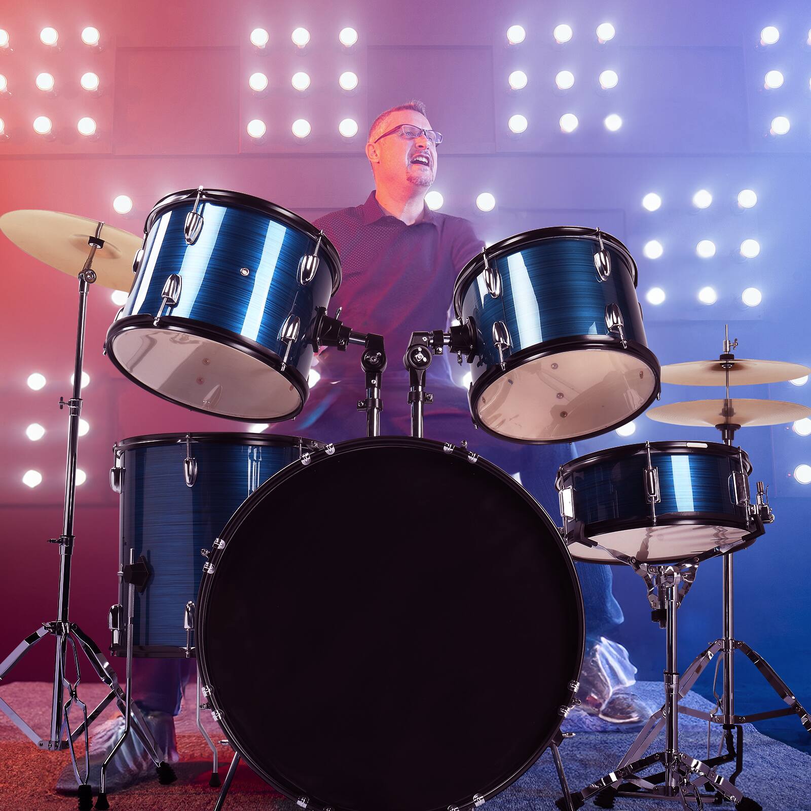 Angle. Winado - 22 In Adult Drum Set,5-Piece Full-Size Drums Kit with Cymbal Stands, Hi-hat Stand, Sticks, Drum Pedal, Stool & Floor Tom.