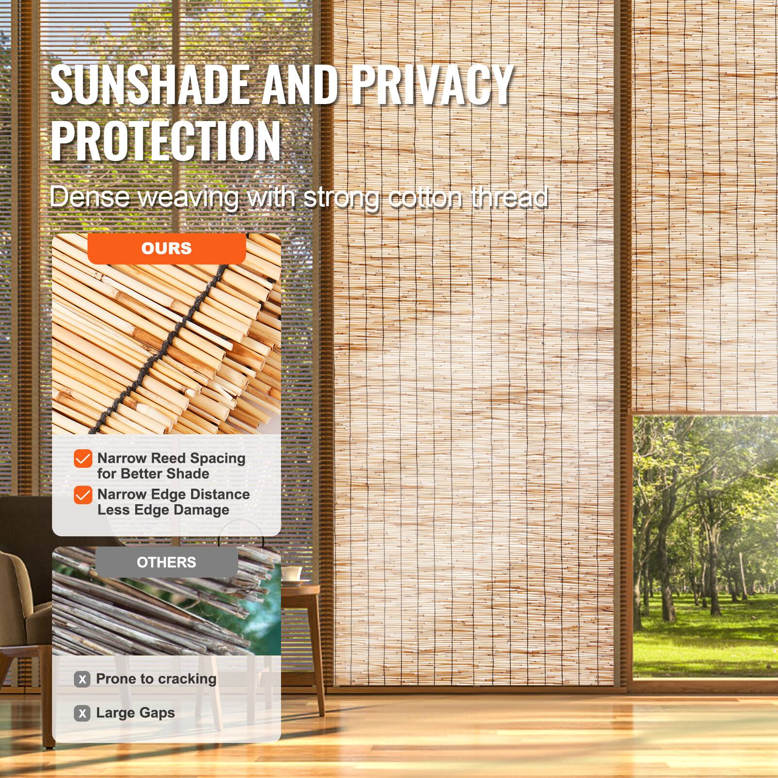 **SUNSHADE AND PRIVACY PROTECTION**

Dense weaving with strong cotton thread

**OURS**
- Narrow Reed Spacing for Better Shade
- Narrow Edge Distance Less Edge Damage

**OTHERS**
- Prone to cracking
- Large Gaps