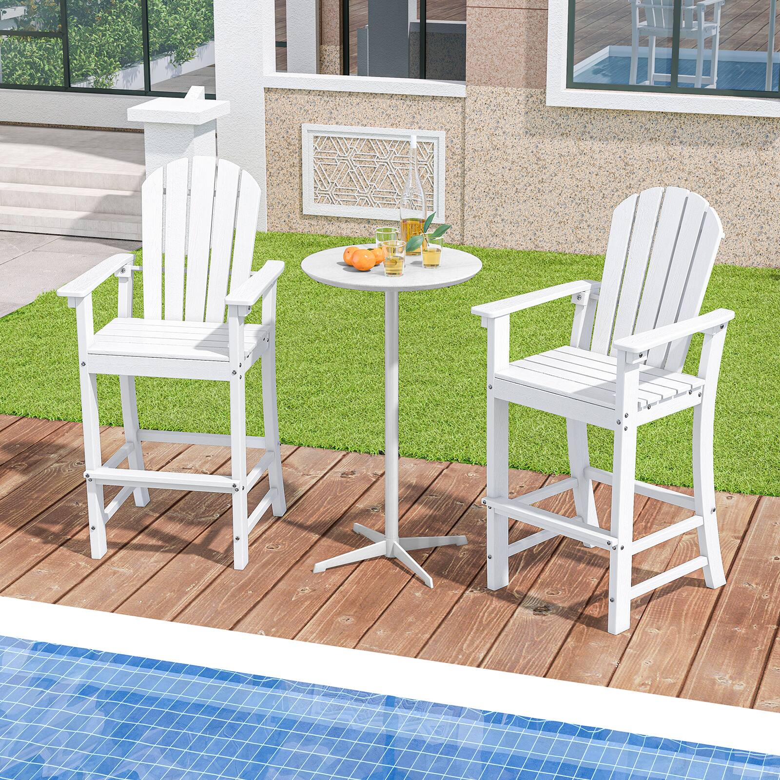 Alt View 3. Gymax - Gymax 2PCS Outdoor HDPE Bar Height Stool Patio Tall Chair Armrest Footrest All Weather - White.