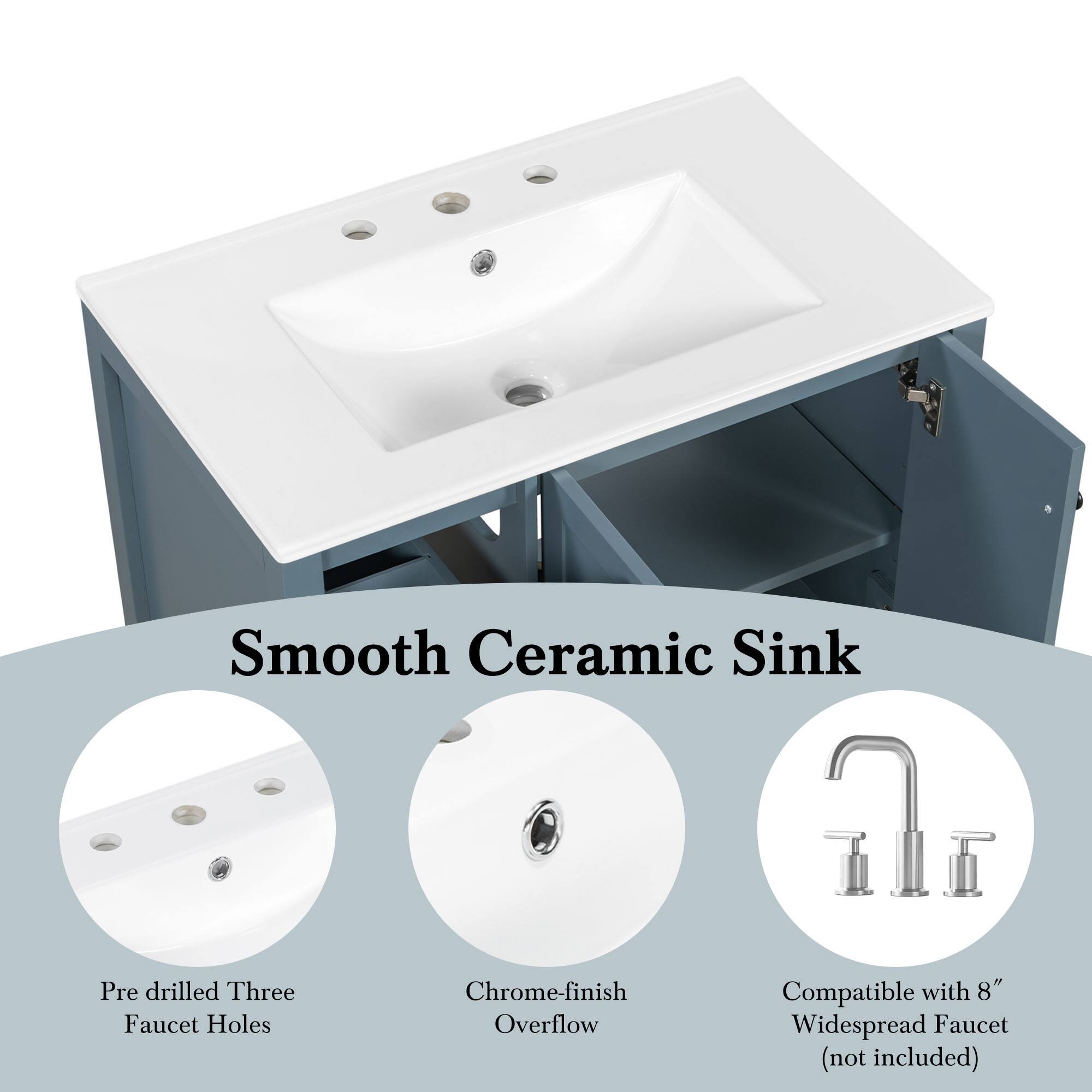 Smooth Ceramic Sink  
Pre-drilled Three Chrome-finish Faucet Holes  
Overflow  
Compatible with 8" Widespread Faucet (not included)