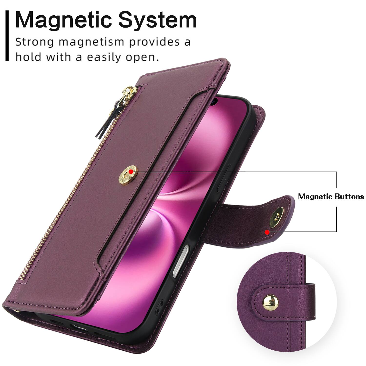 Magnetic System  
Strong magnetism provides a hold with a easily open.  
Magnetic Buttons