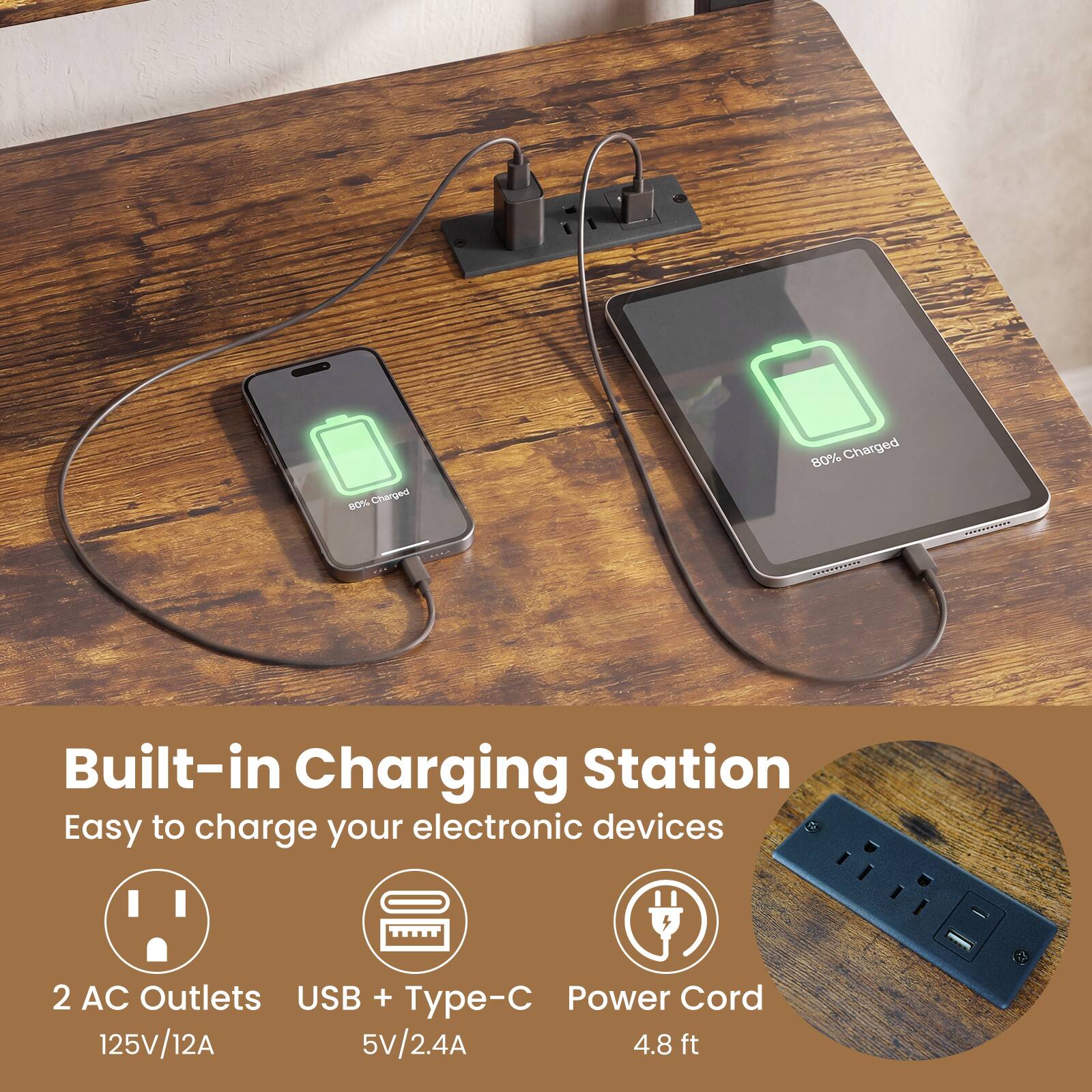 80% Charged  
Built-in Charging Station  
Easy to charge electronic devices  
2 AC Outlets  
USB + Type-C  
Power Cord  
125V/12A  
5V/2.4A  
4.8 ft
