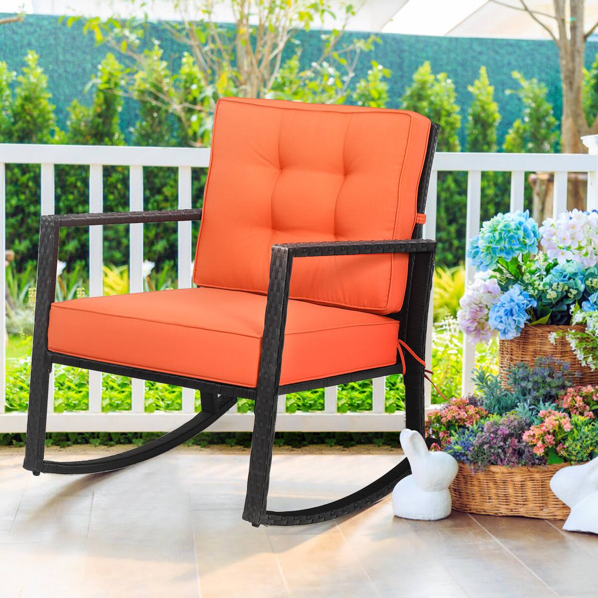 Front. Gymax - Gymax Outdoor Wicker Rocking Chair Patio Lawn Rattan Single Chair Glider w/ Cushion - Black, Orange.