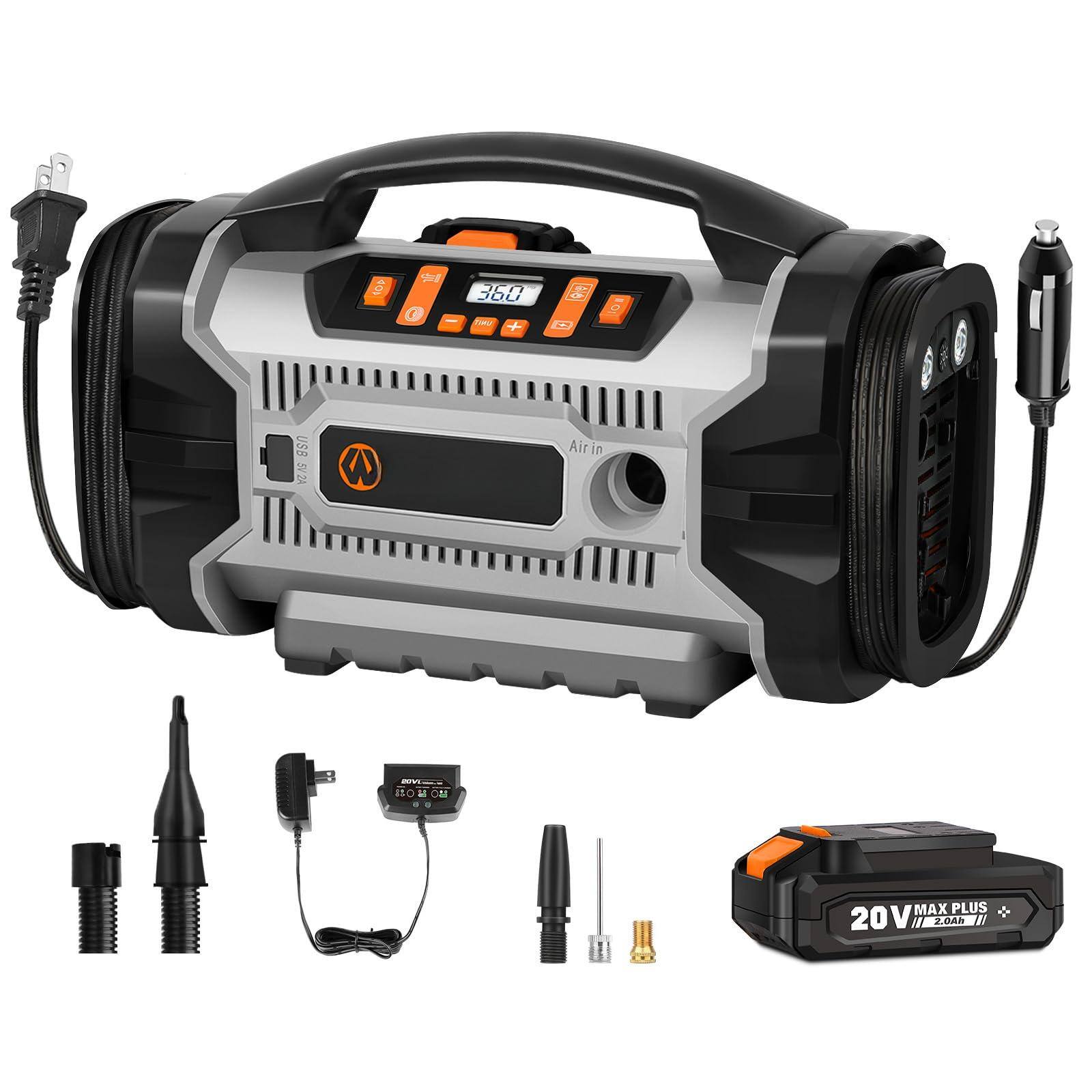 Sure, here is the corrected and grouped text from the image:

- **Shur 360**
- **USB 5.20 W**
- **Airin**
- **BOMOM 10 a**
- **CM MAX PLUS**
- **20V**
- **2.0 Ah**
- **20V MAX PLUS**
- **2.0 Ah**