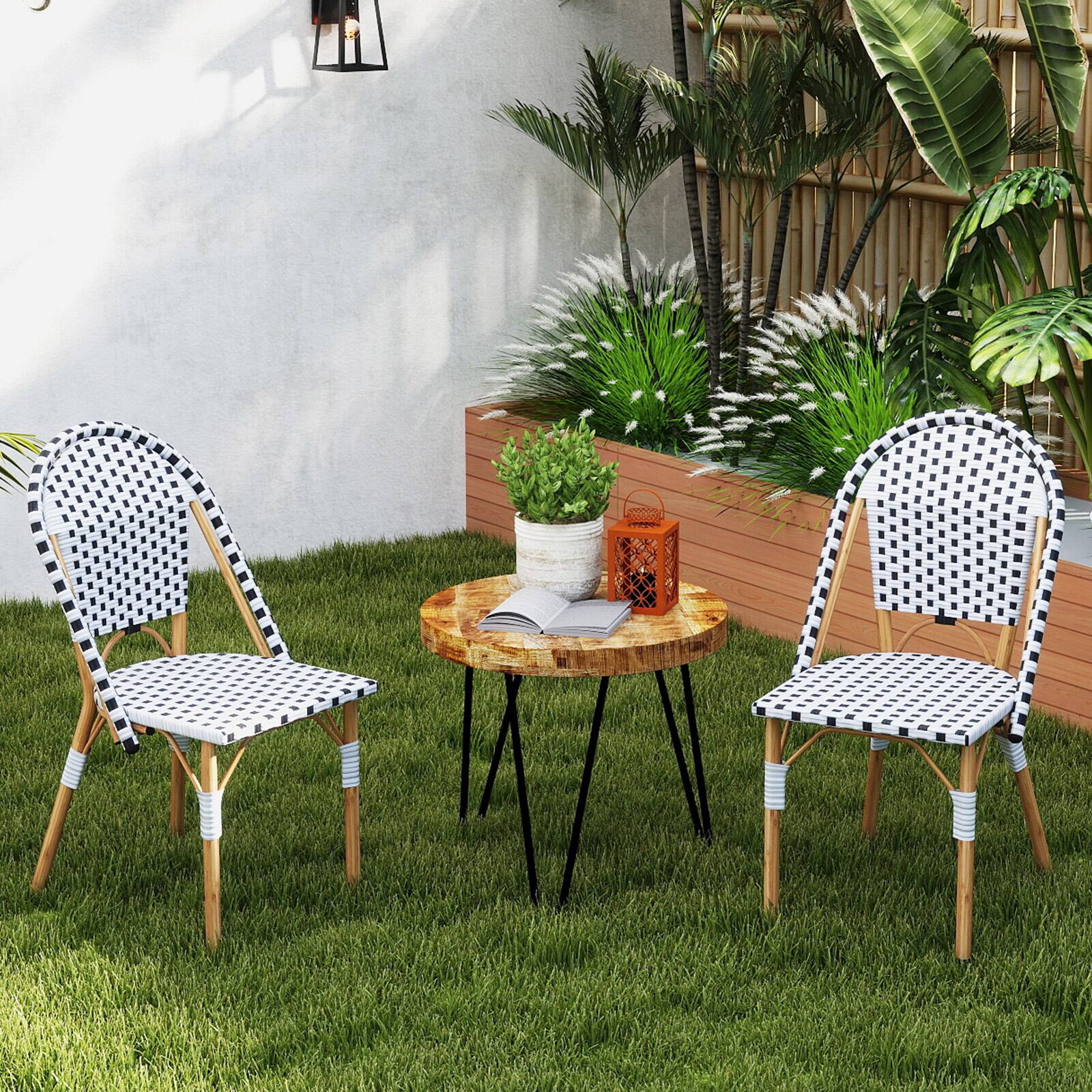 Alt View 4. Costway - Costway Set of 4 French Bistro Chairs, Outdoor Armless Dining Chairs with Handwoven Rattan and Galvanized Metal Frame - Black & White.