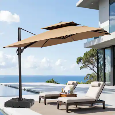 cantilever patio umbrella with wheeled base Patioslife Aegis Premium Full-Rib LED Strip L US-Patioslife 10 FT x 10 FT Base Patio Cantilever Offset Umbrella Base