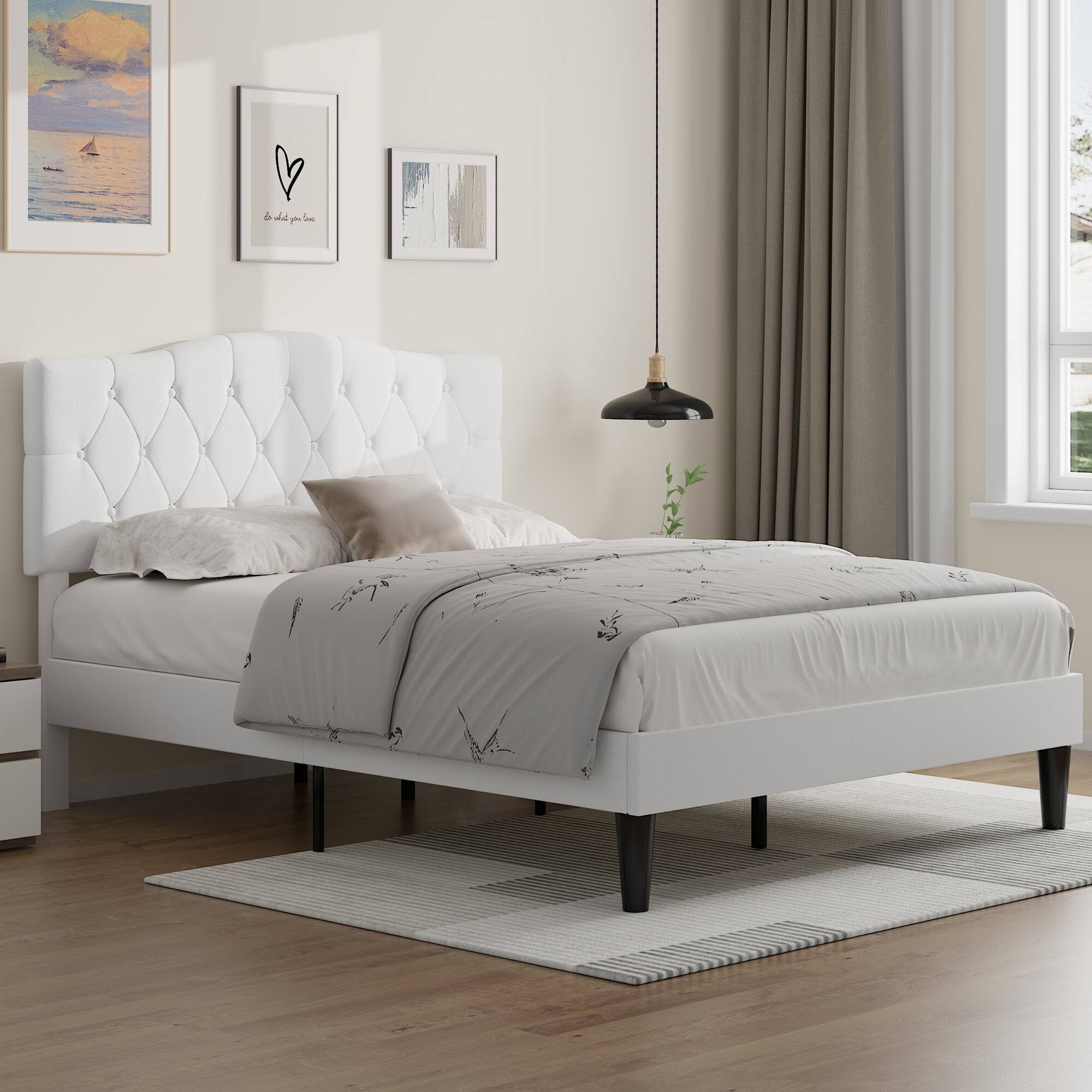 Angle. Vecelo - Queen Upholstered Platform Bed Frame with Adjustable Tufted Headboard, Heavy-Duty Metal & Wood Slats, Noise-Free Design - White.