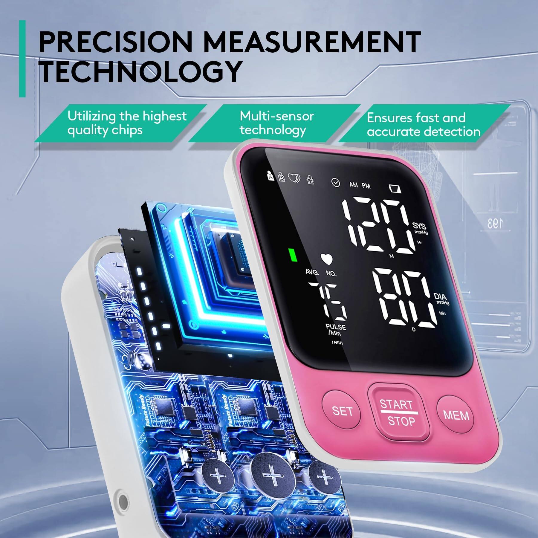 PRECISION MEASUREMENT TECHNOLOGY

- Utilizing the highest quality chips
- Multi-sensor technology
- Ensures fast and accurate detection

AM PM SYS mmirg 193 d M AVG. NO. 3AL1 PULSE Min PMin D DIA meririg M wl SET START STOP MEM + + +