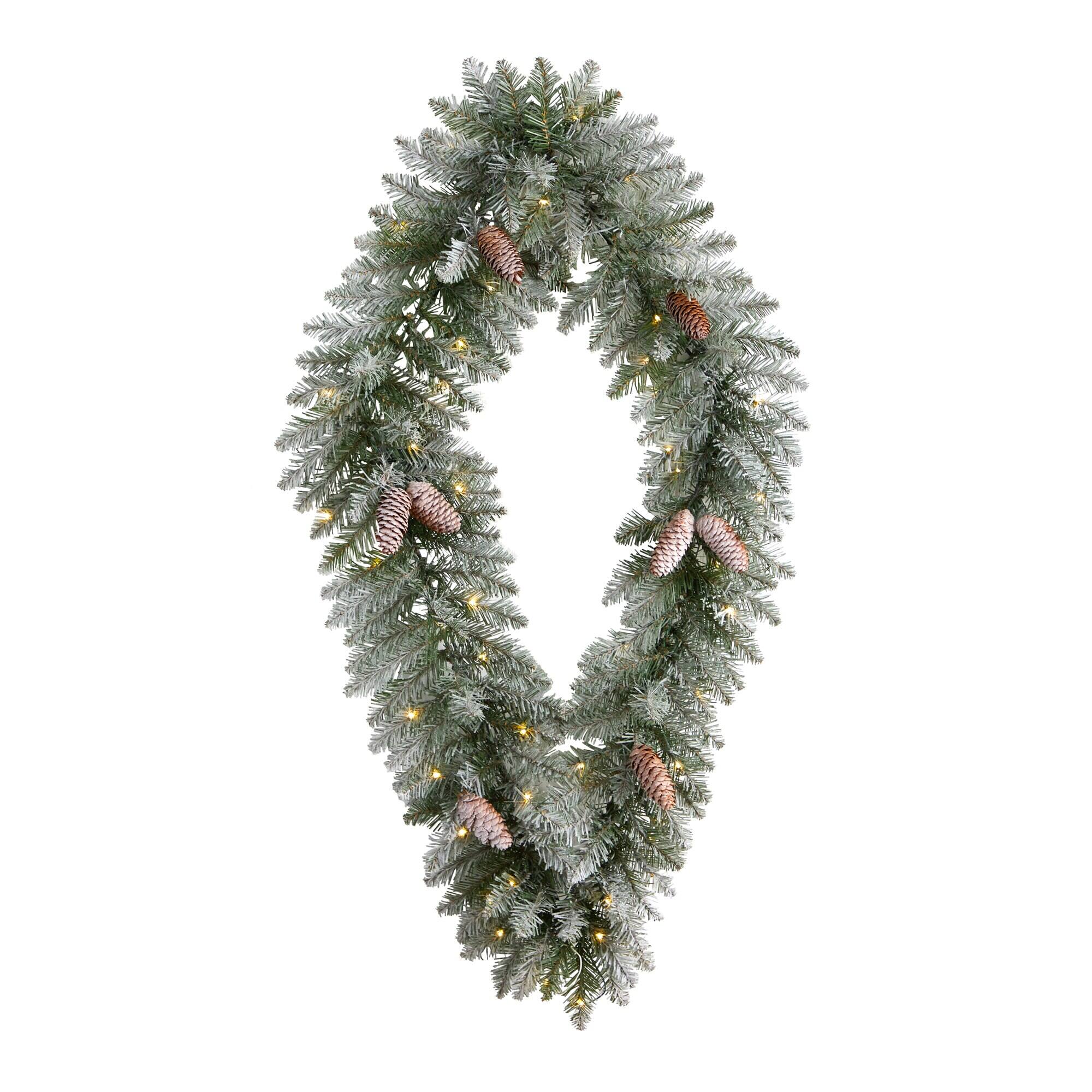 Front. BreeBe - 3' Diamond Flocked Wreath w/50 LEDs & 150 Branches - Green.