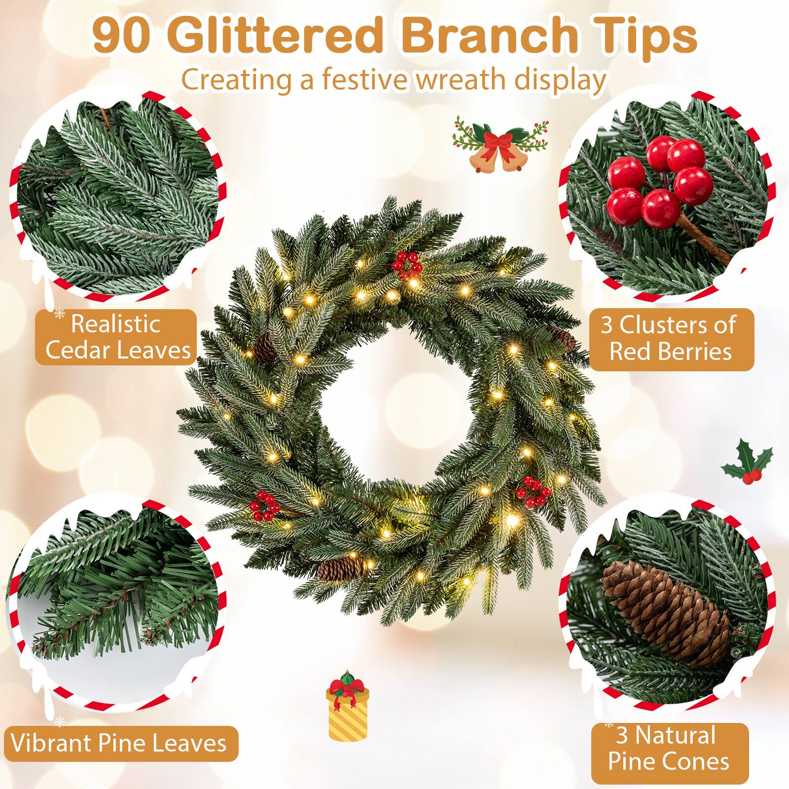 90 Glittered Branch Tips  
Creating a festive wreath display  

- Realistic Cedar Leaves  
- Vibrant Pine Leaves  
- 3 Clusters of Red Berries  
- 3 Natural Pine Cones