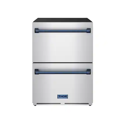 Front. Thor Kitchen - Gordon Ramsay Series by Thor Kitchen 24 Inch Indoor Outdoor Refrigerator Drawers with Navy Blue Hardware - Stainless Steel.