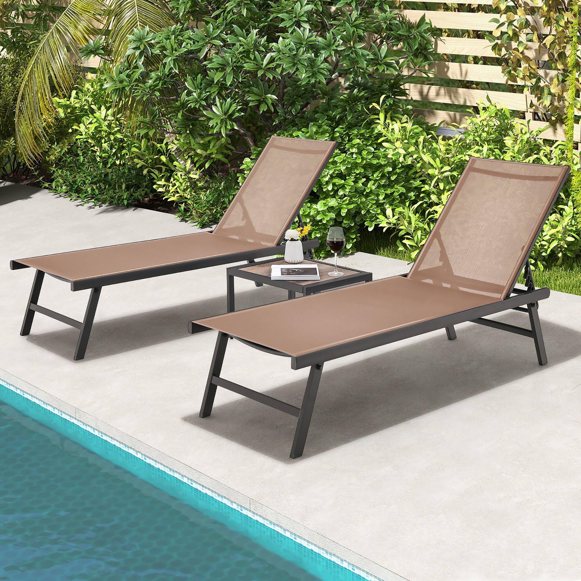 Front. Gymax - Gymax 3pcs Patio Chaise Lounge Set Aluminum Recliner Chair Table Outdoor Adjust Tan - Tan.
