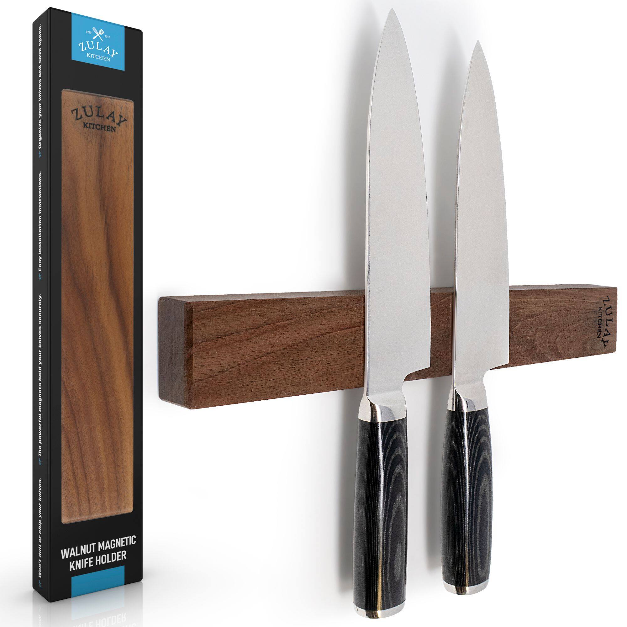 The text on the image is: "ZULAY KITCHEN WALNUT MAGNETIC KNIFE HOLDER."