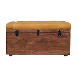 Artisan Furniture - Solid Wood Buffalo Hide Honey Caramel Storage Trunk, Upholstered - Brown