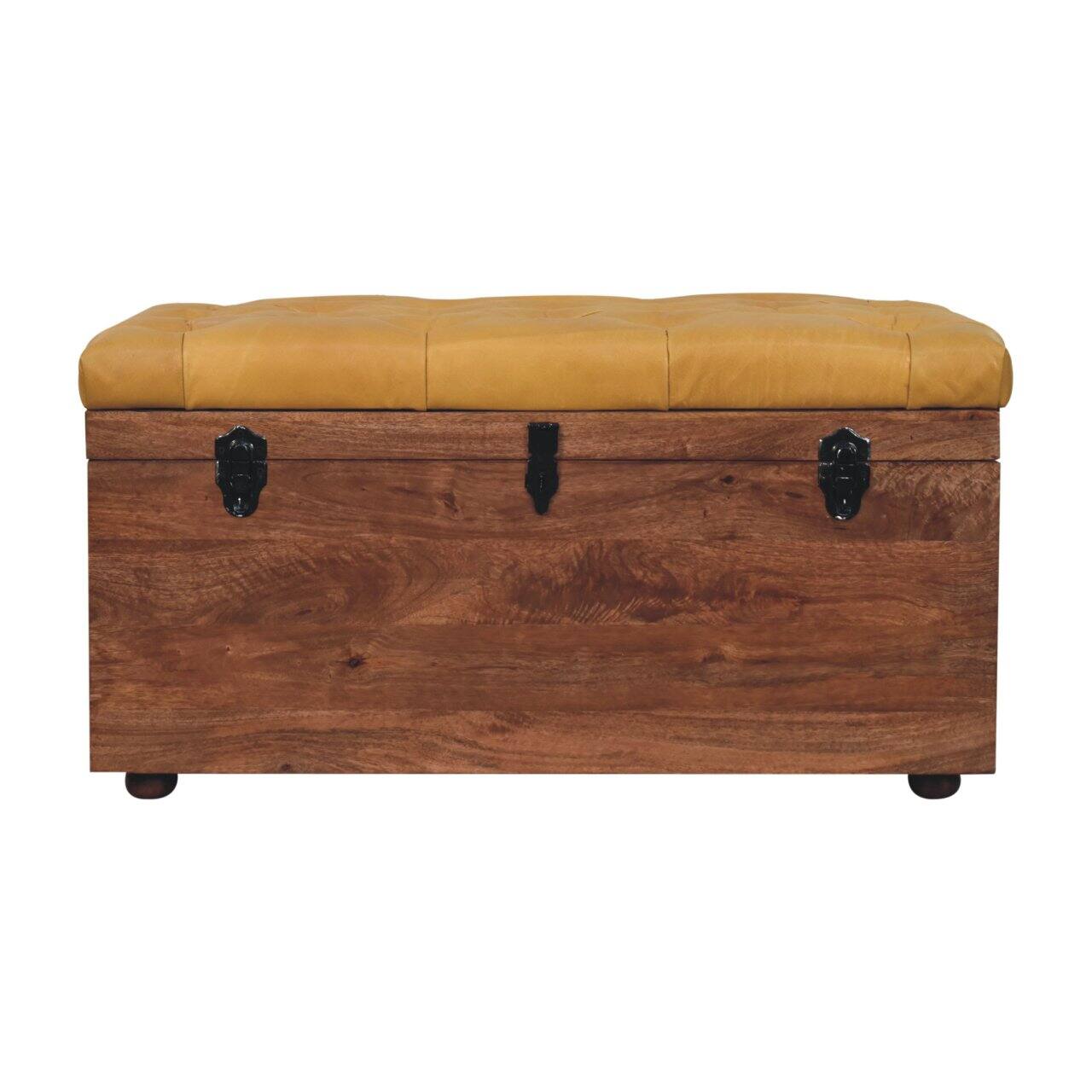 Front. Artisan Furniture - Artisan Furniture Solid Wood Buffalo Hide Honey Caramel Storage Trunk, Upholstered, Brown - Brown.