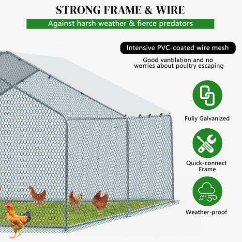 STRONG FRAME & WIRE  
Against harsh weather & fierce predators  

Intensive PVC-coated wire mesh  
Good ventilation and no worries about poultry escaping  

Fully Galvanized  
Quick-connect Frame  
Weather-proof