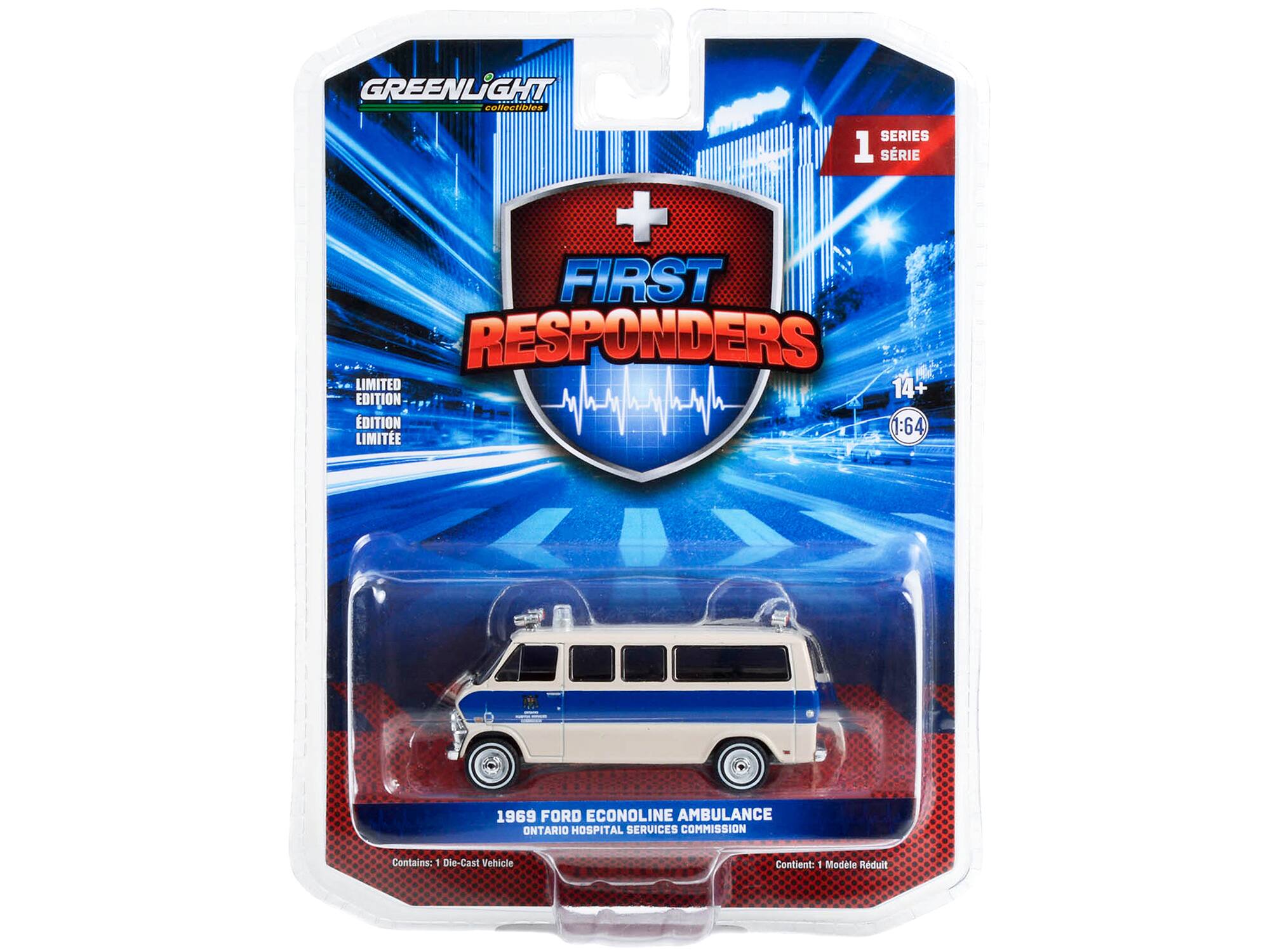 GREENLIGHT collectibles SERIES 1 SRIE + FIRST RESPONDERS LIMITED 14+ EDITION DITION 1:64 LIMITE 1969 FORD ECONOLINE AMBULANCE ONTARIO HOSPITAL SERVICES COMMISSION Contains: 1 Die-Cast Vehicle Contient: 1 Modele Reduit
