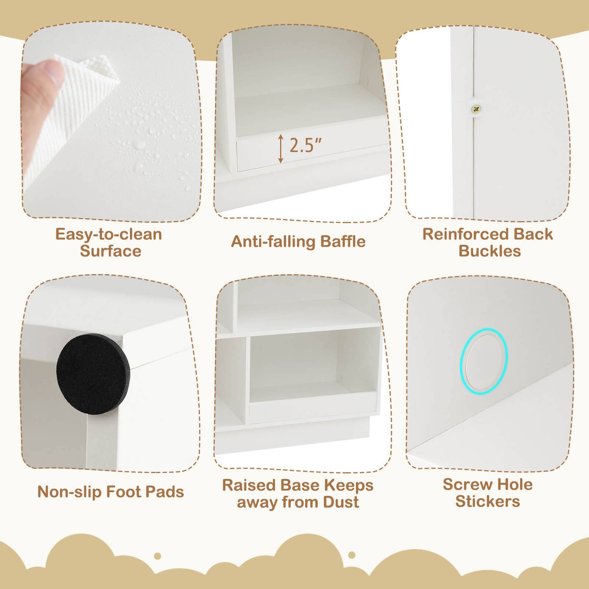 2.5" Anti-falling Baffle Raised Base Keeps away from Dust Easy-to-clean Surface Non-slip Foot Pads Screw Hole Stickers Reinforced Back Buckles