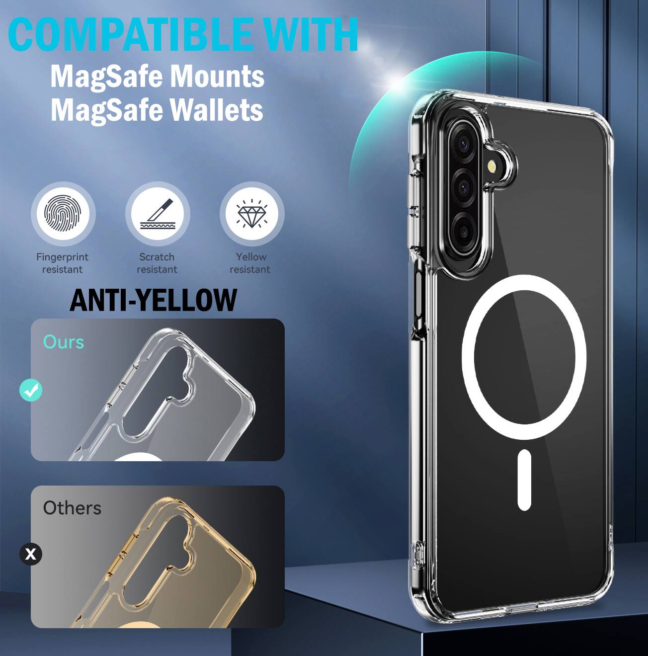 COMPATIBLE WITH  
MagSafe Mounts  
MagSafe Wallets  

Fingerprint resistant  
Scratch resistant  
Yellow resistant  

ANTI-YELLOW  

Ours  
Others