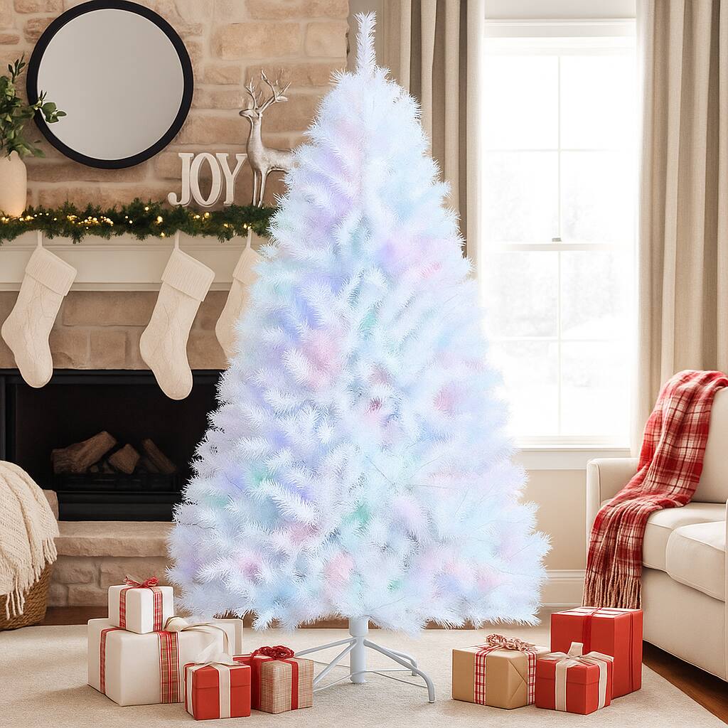 Angle. BreeBe - Sparkling Artificial Xmas Tree with Iridescent Tips and Sturdy Metal Stand - White.