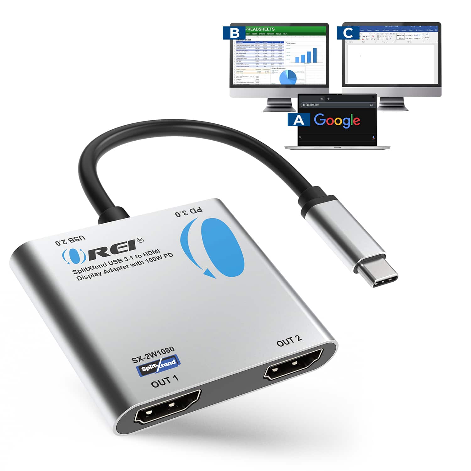 Orei - SplitXtend USB 3.1 to HDMI Display Adapter with 100W PD - SX-2W1080 - Silver price history on PriceWatchPro