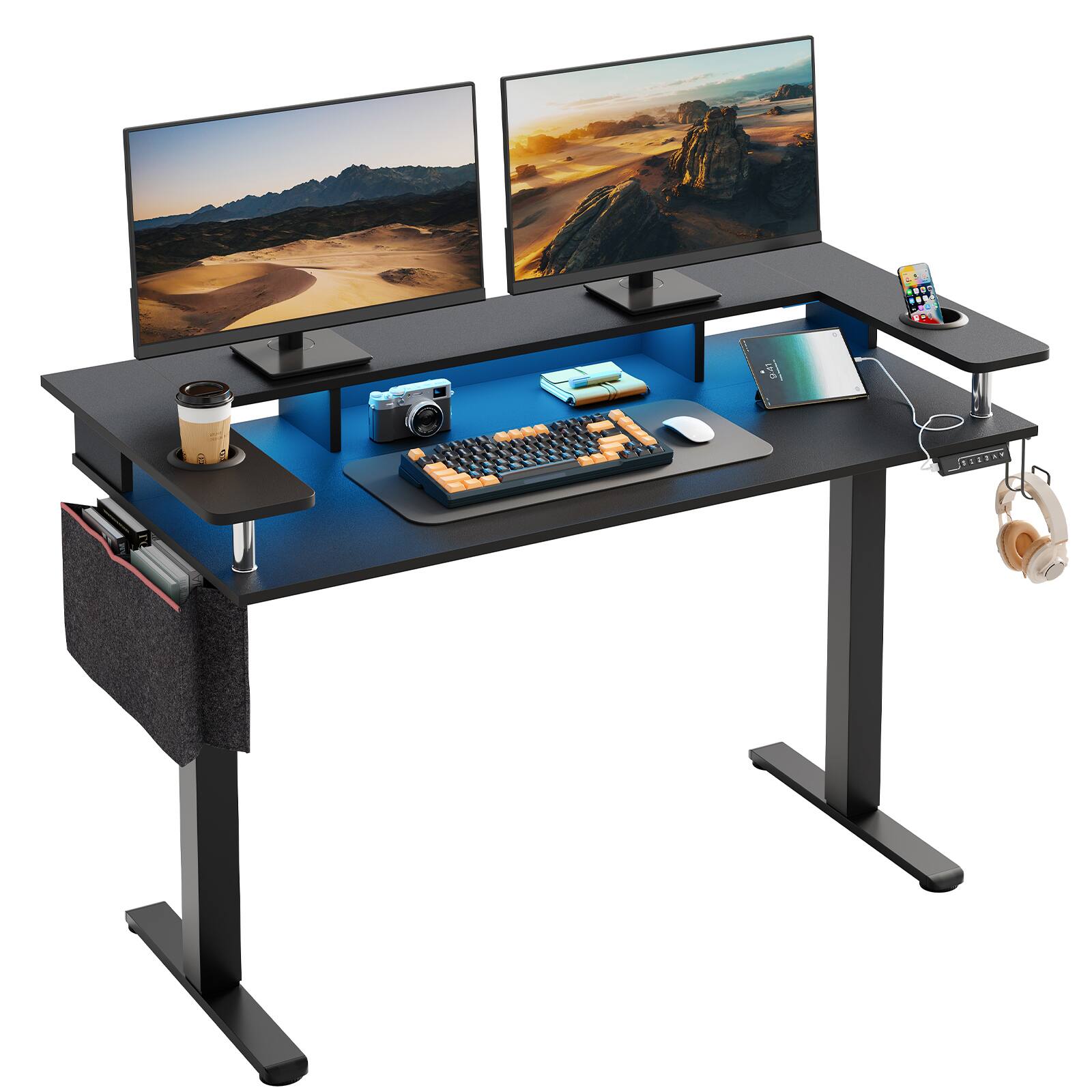 Alt View 5. Bestier - 58" wide Electric Standing Desk Adjustable with LED Light Storage and Monitor Stand - Dark Black.