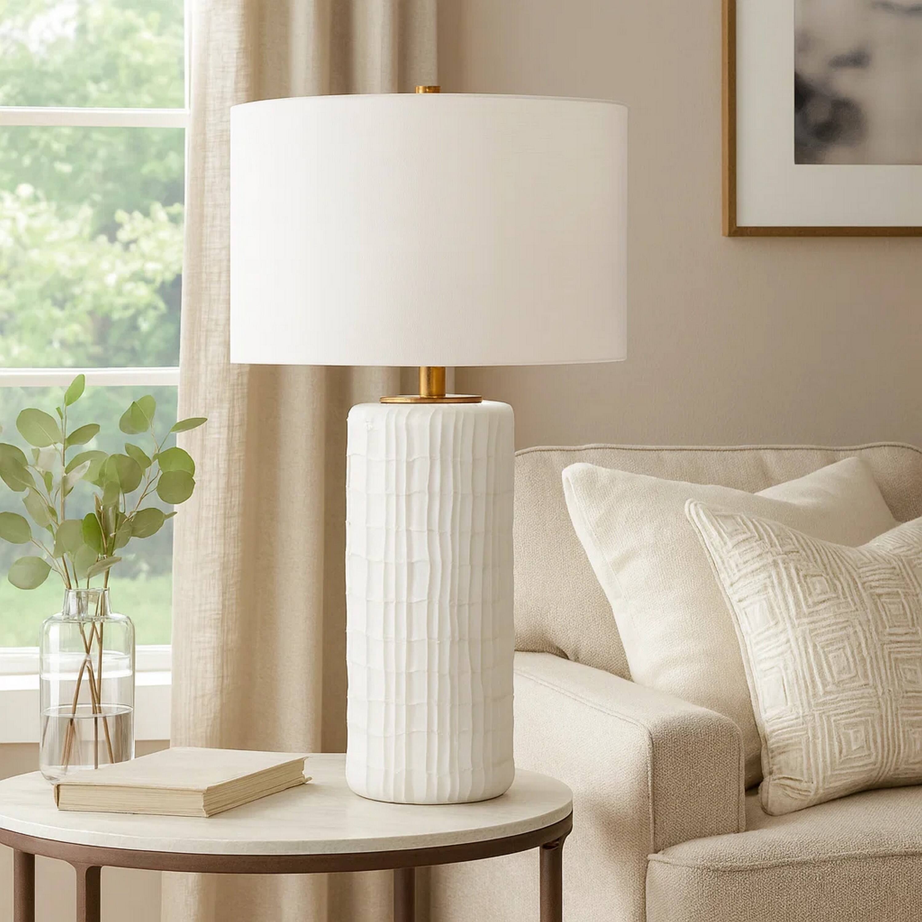 Alt View 3. Manhattan Lane - Mena 28 Inch Table Lamp, Round Drum Shade, Grid Pattern Base - White, Brass.