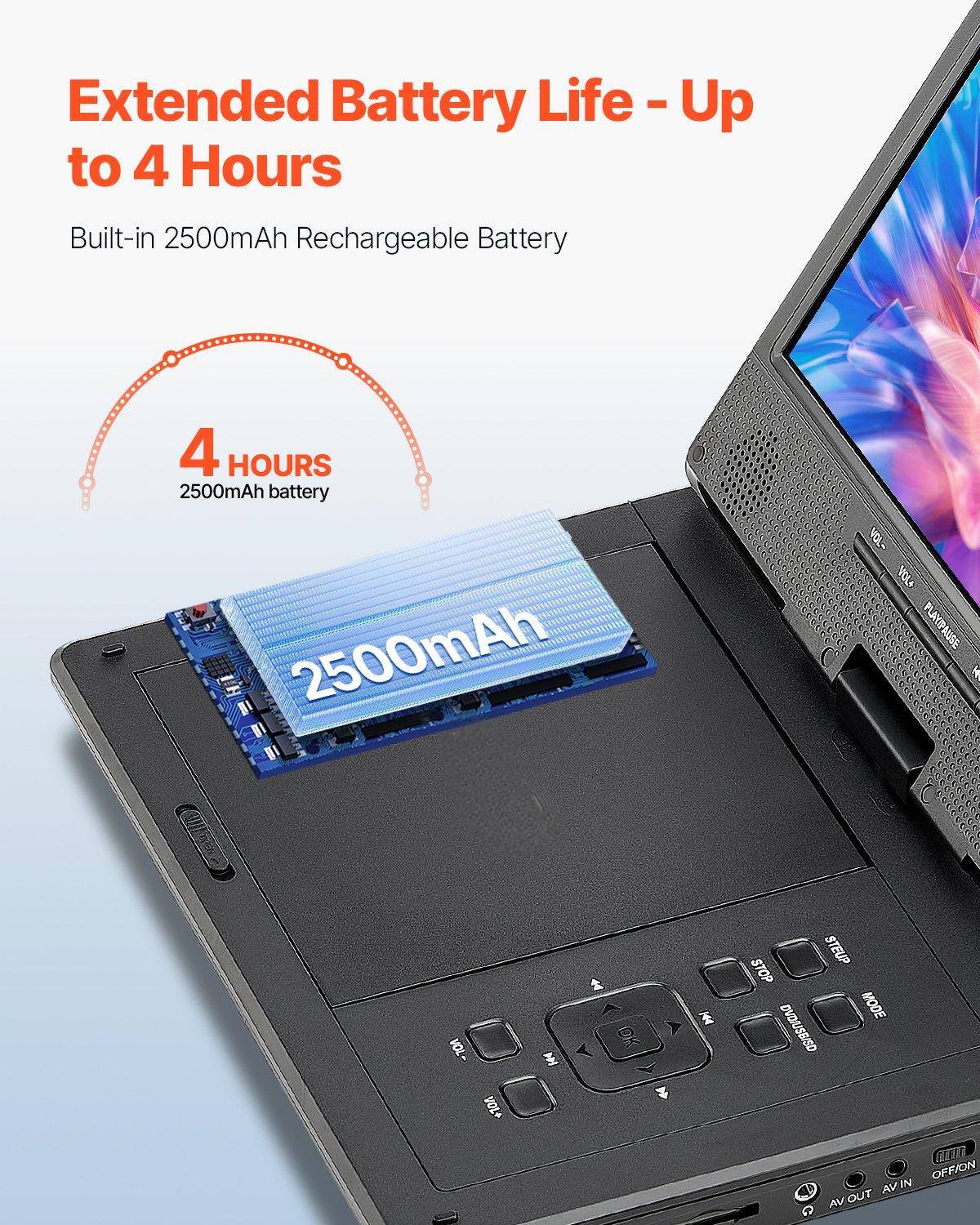 Extended Battery Life - Up to 4 Hours  
Built-in 2500mAh Rechargeable Battery  

4 HOURS  
2500mAh battery  

2500mAh