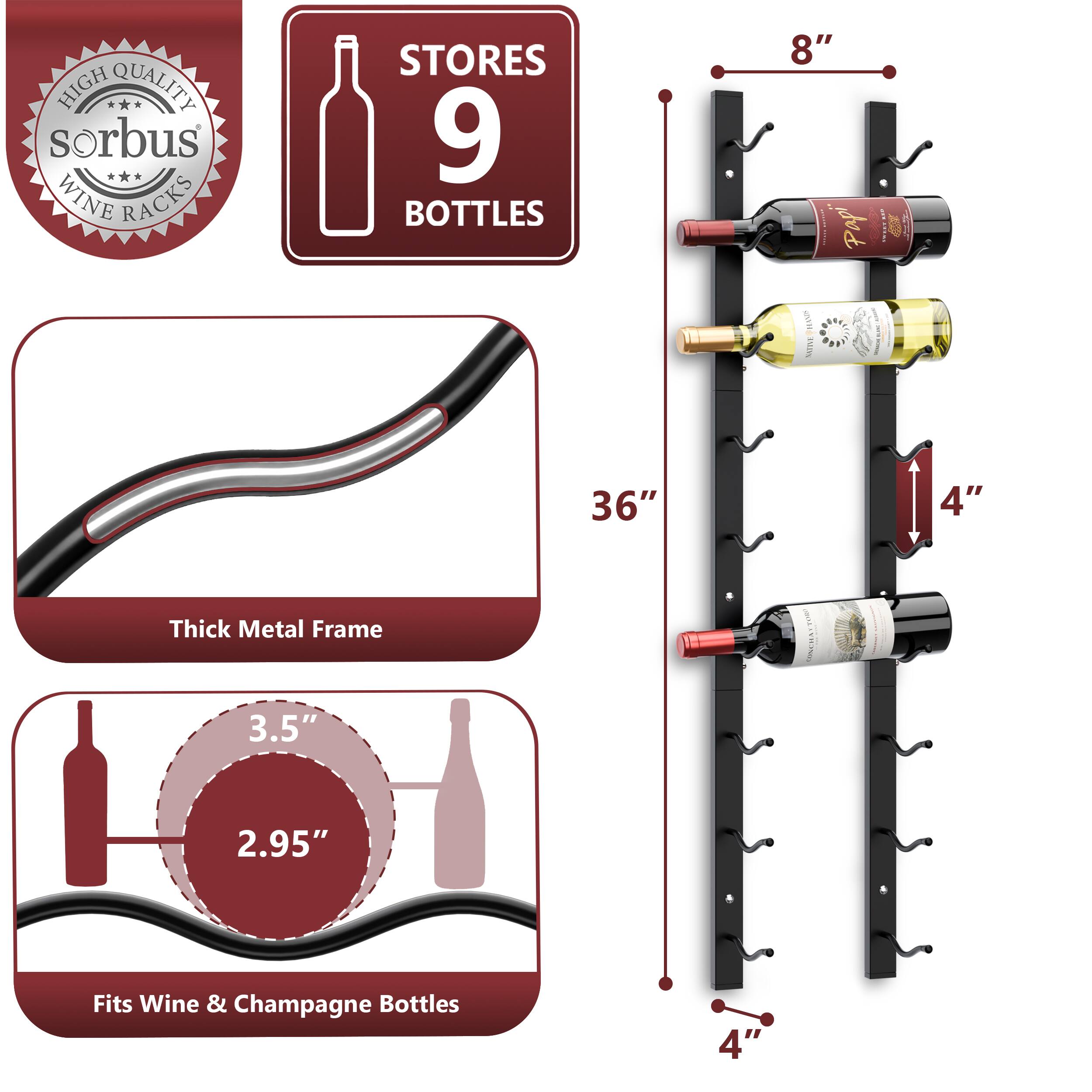 Sorbus Wall Mounted Wine Rack, 9 Bottle Single Row Display, 1 Pack ...