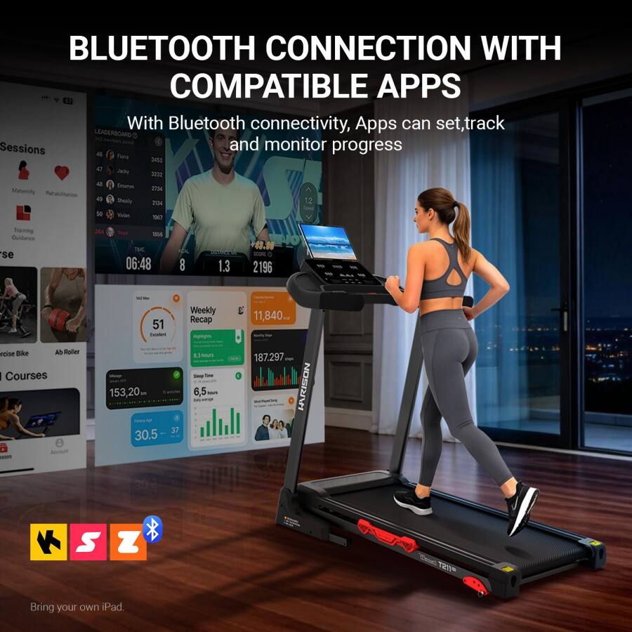 BLUETOOTH CONNECTION WITH COMPATIBLE APPS

With Bluetooth connectivity, Apps can set, track and monitor progress

LEADERBOARD
46 Tiona 3453
47 Jedy 3230
48 Emar 2734
49 Shealy 2134
50 Vian 1967

Training Guidance
264 Town 1856

TIME 06:48
DISTANCE 1.3
SCORE 2196

Weekly Recap
11,840
187,297

Bring your own iPad.
