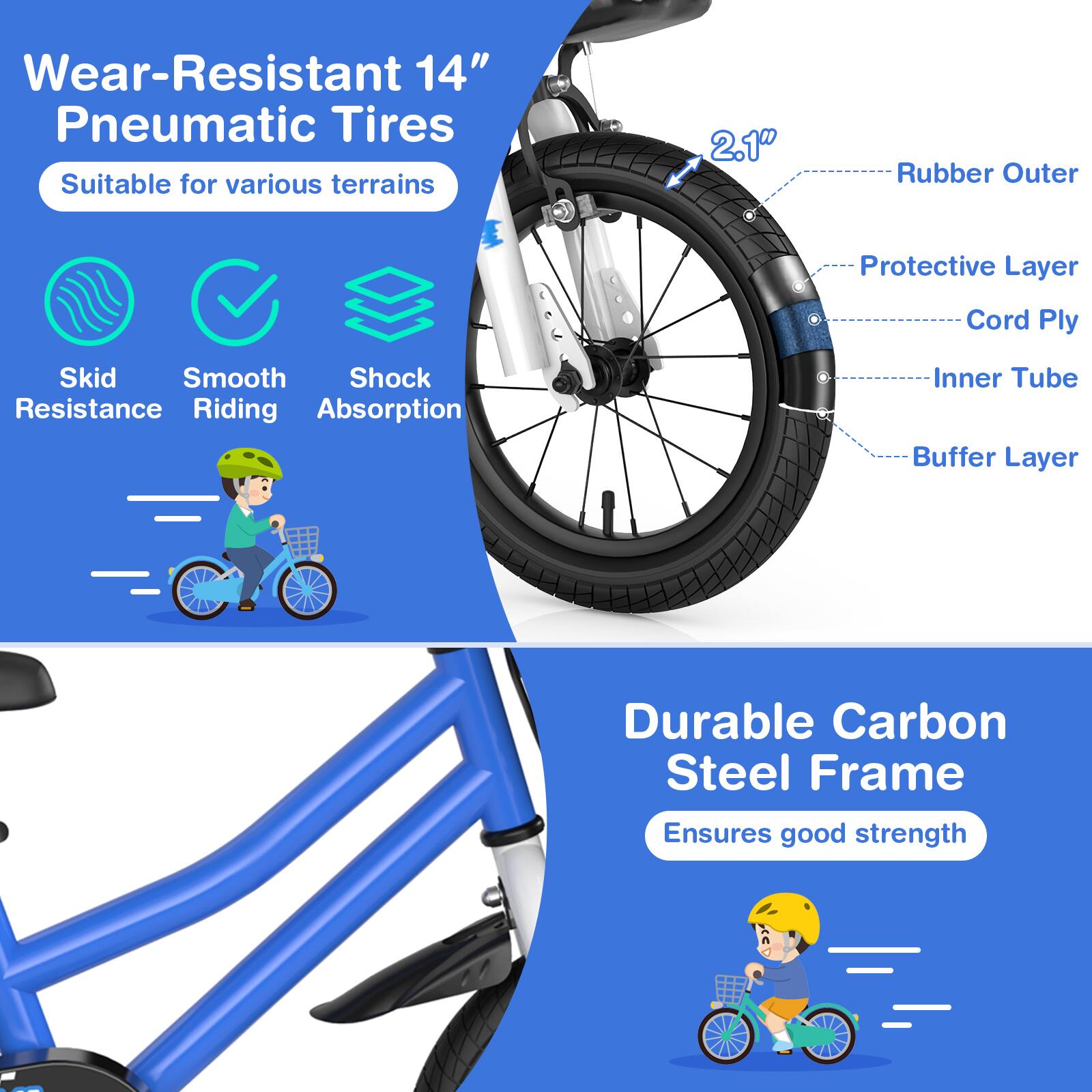 Wear-Resistant 14" Pneumatic Tires  
Suitable for various terrains  

- Skid Resistance  
- Smooth Riding  
- Shock Absorption  

2.1" Rubber Outer  
Protective Layer  
Cord Ply  
Inner Tube  
Buffer Layer  

Durable Carbon Steel Frame  
Ensures good strength