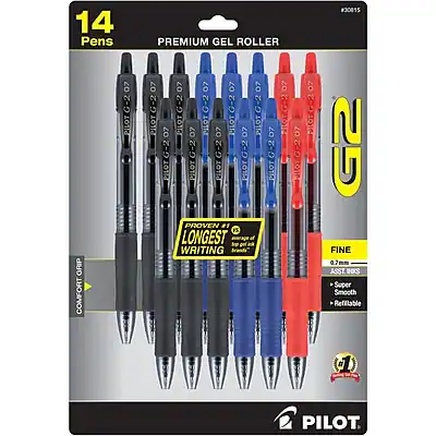 14 Pens
Premium Gel Roller
G-2 Pilot Grip Comfort
0.7 mm
Proven #1 in Writing
Longest Writing
Fine
8.7 cm Tip
Super Smooth Ink
Refillable
Pilot
#30815
G2
Pilot