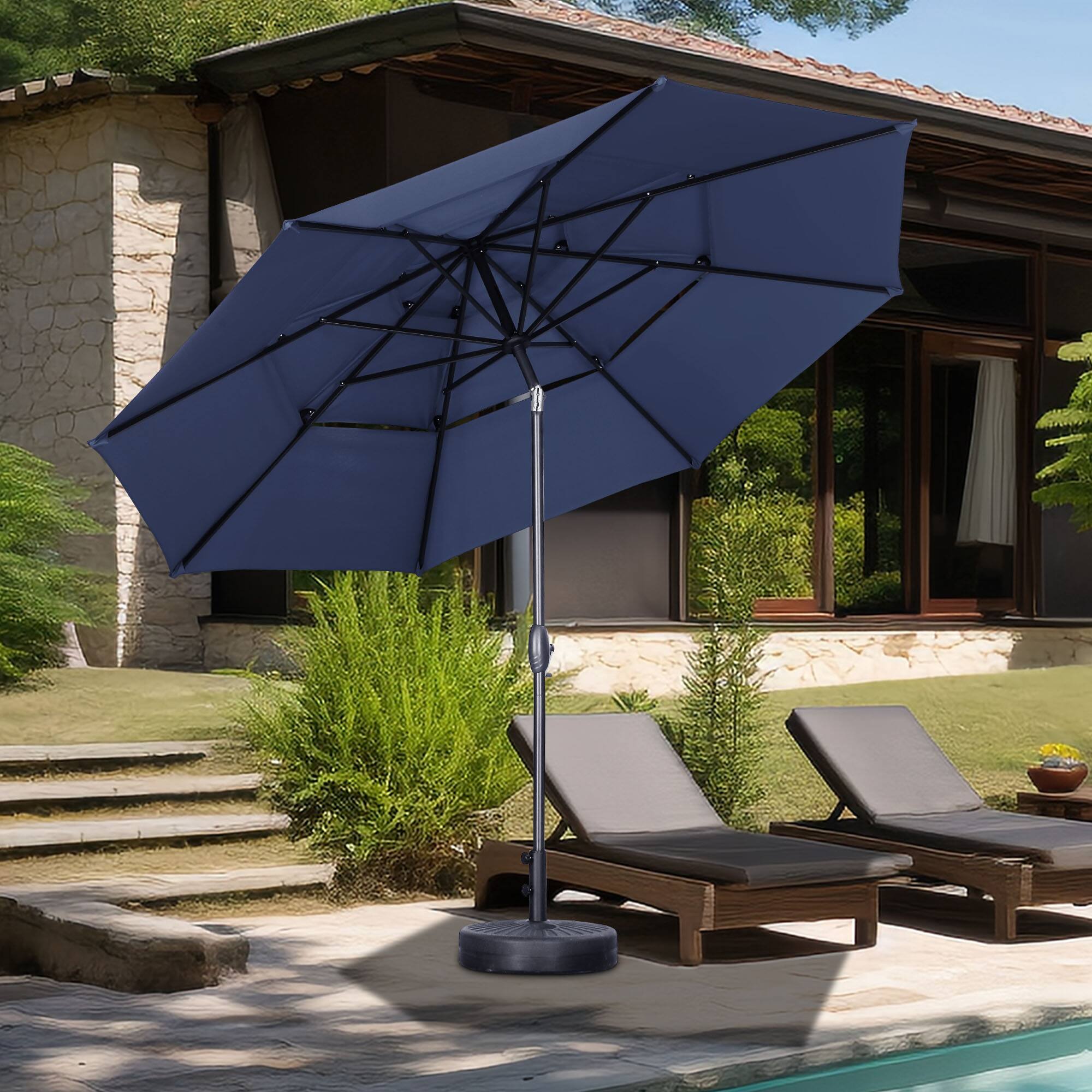 Back. Ainfox - Ainfox 10 FT Patio Umbrella 3 Tiers Outdoor Market Umbrella with Crank and Tilt for Garden Lawn Backyard Pool - Navy Blue.