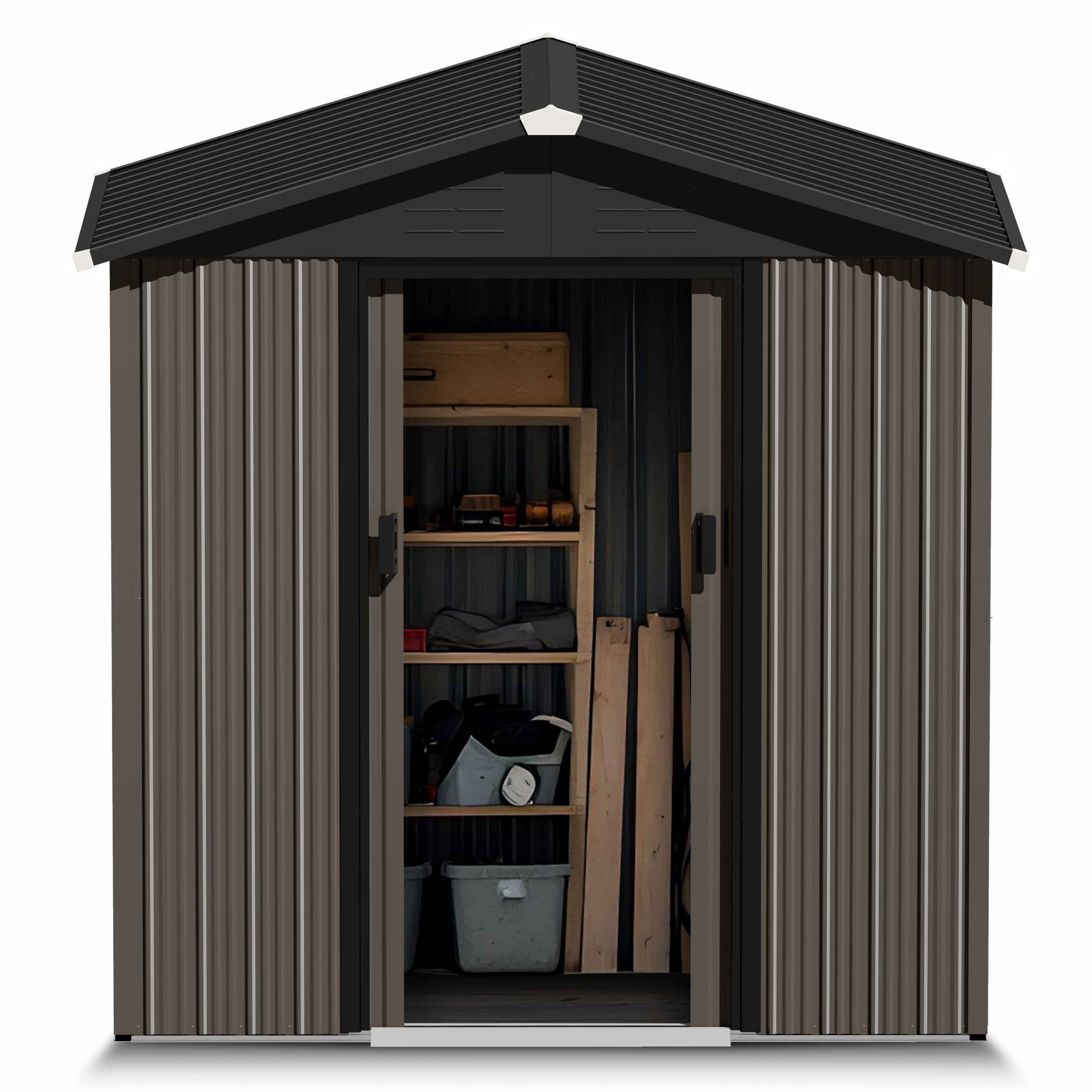 Alt View 7. Nuu Garden - 6 x 4 FT Metal Outdoor Backyard Garden Storage Tool Shed with Sliding Doors - Black and Brown.