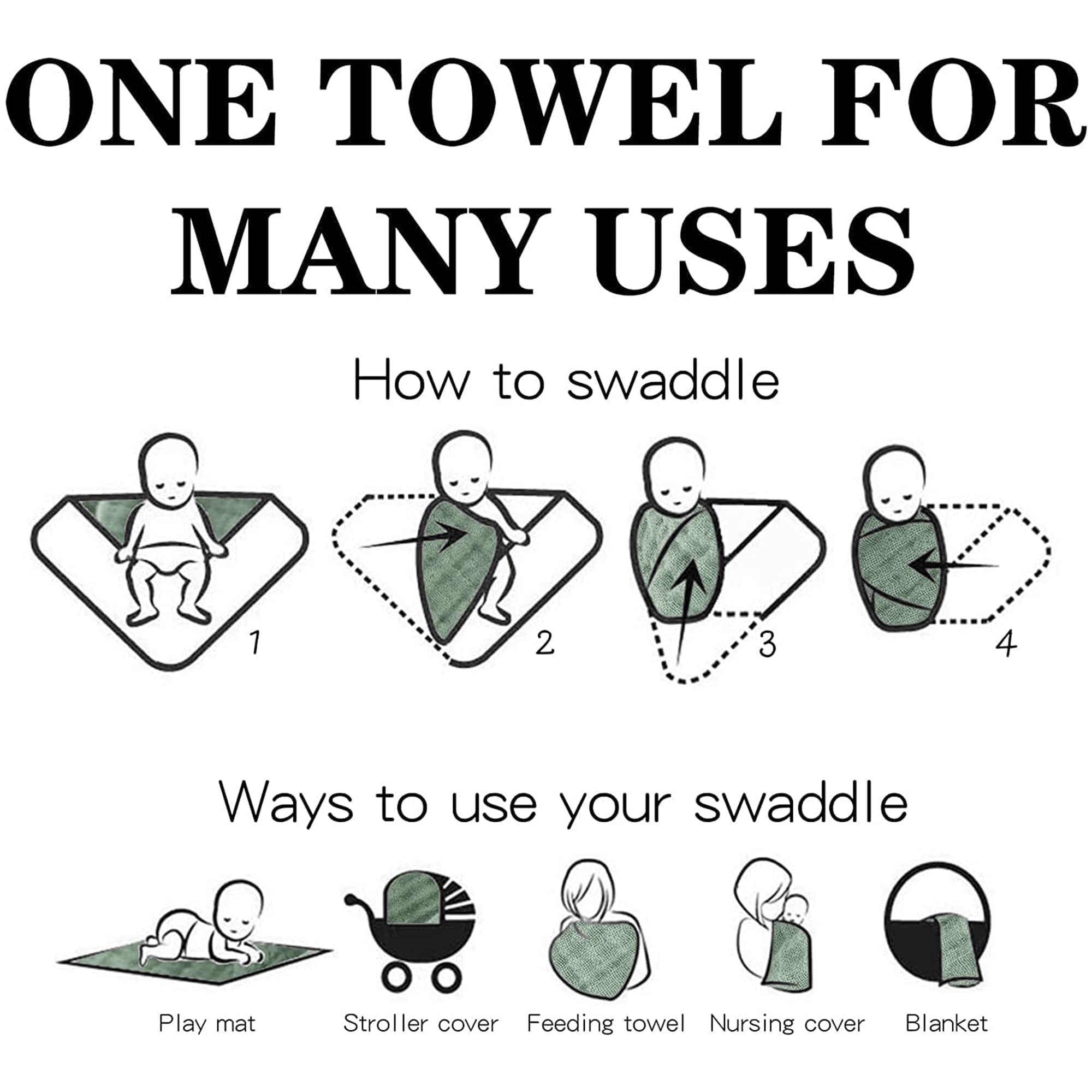 ONE TOWEL FOR MANY USES

How to swaddle
1 2 3 4

Ways to use your swaddle
Play mat
Stroller cover
Feeding towel
Nursing cover
Blanket