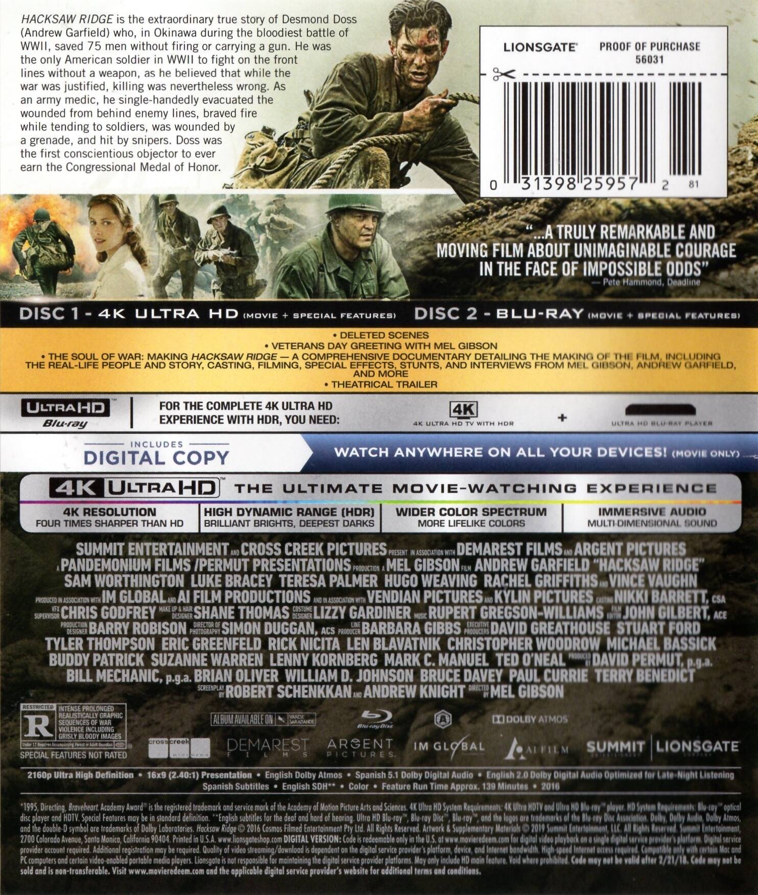 Alt View 1. Hacksaw Ridge   - 4K Blu-Ray.