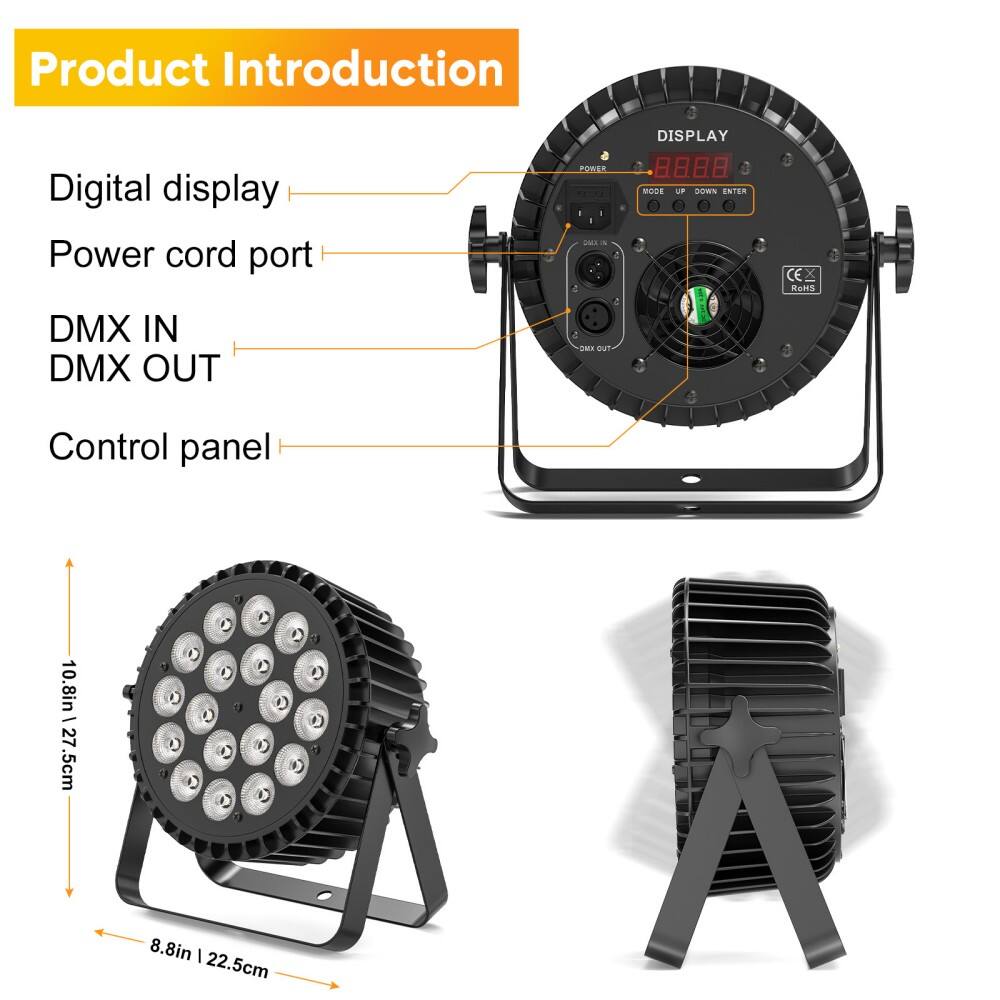 Product Introduction

- Digital display
- Power cord port
- DMX IN
- DMX OUT
- Control panel

Dimensions:
- 10.8in | 27.5cm
- 8.8in | 22.5cm