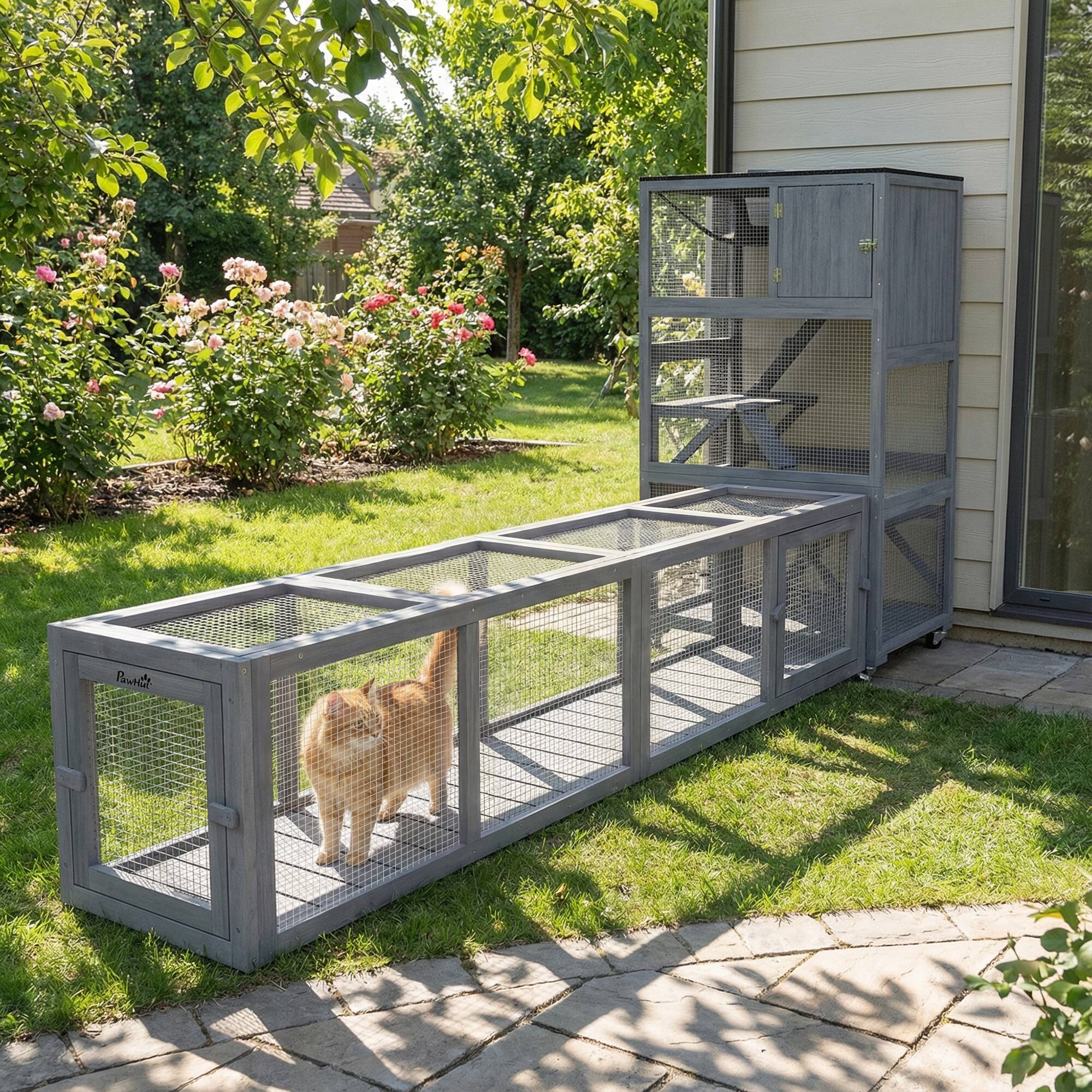 Alt View 1. Pawhut - Cat Run with Weather Protection, Connecting Inside and Outside, 79"L x 15"W x 15"H - Dark Gray.
