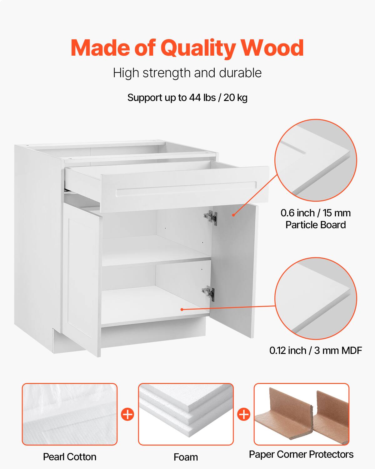 Made of Quality Wood

High strength and durable

Support up to 44 lbs / 20 kg

0.6 inch / 15 mm Particle Board

0.12 inch / 3 mm MDF

Pearl Cotton

Foam

Paper Corner Protectors