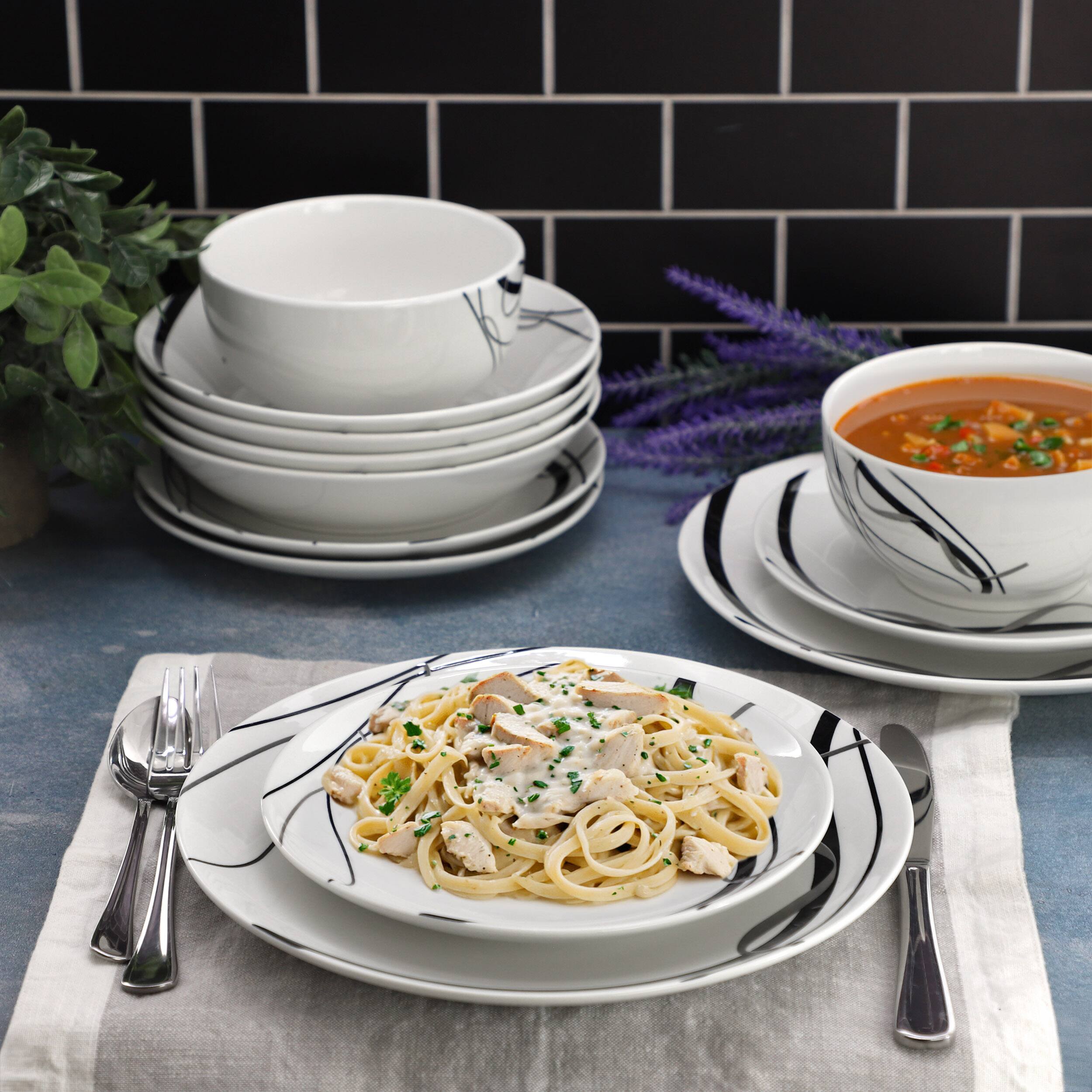 Alt View 7. Elama - Elama Sarah 16 Piece Porcelain Double Bowl Black Ribbon Dinnerware Set, Service for 4 in White and Black - White.